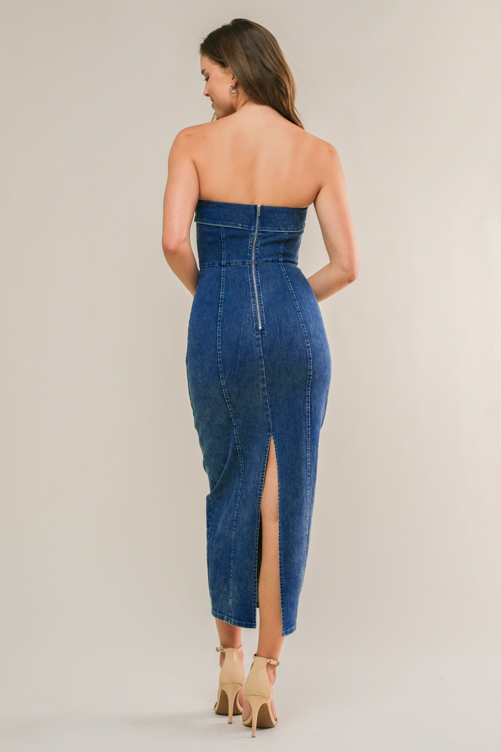 Blue Crush Strapless Bodycon Denim Midi Dress for Women - Perfect for Night Out, Party & Summer Date
