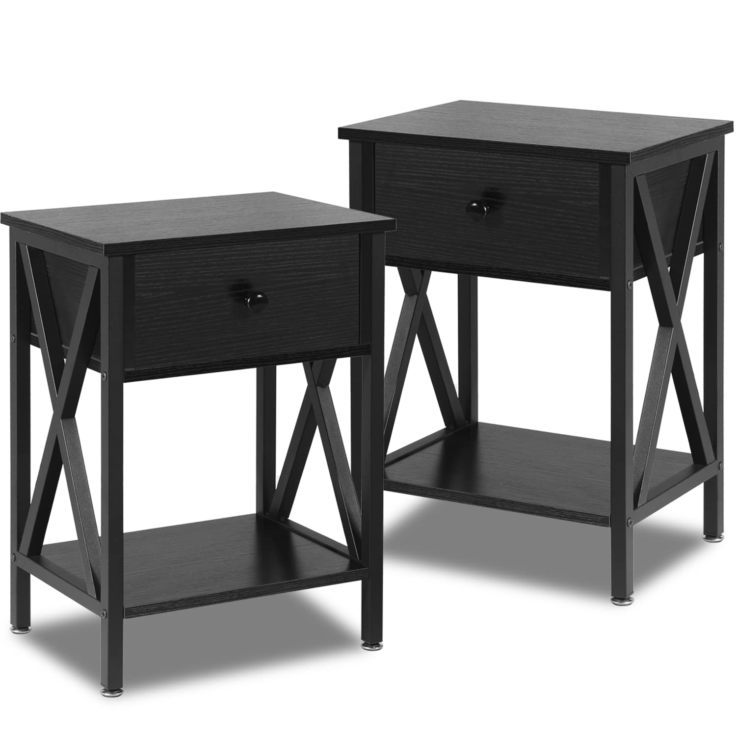 VECELO 2-Piece Side Table Set with Drawer & Storage Shelf - Industrial X-Design Nightstand for Bedroom, Living Room | Retro Black Finish | Perfect for Small Spaces, Apartment Decor & Coffee Table Alternative