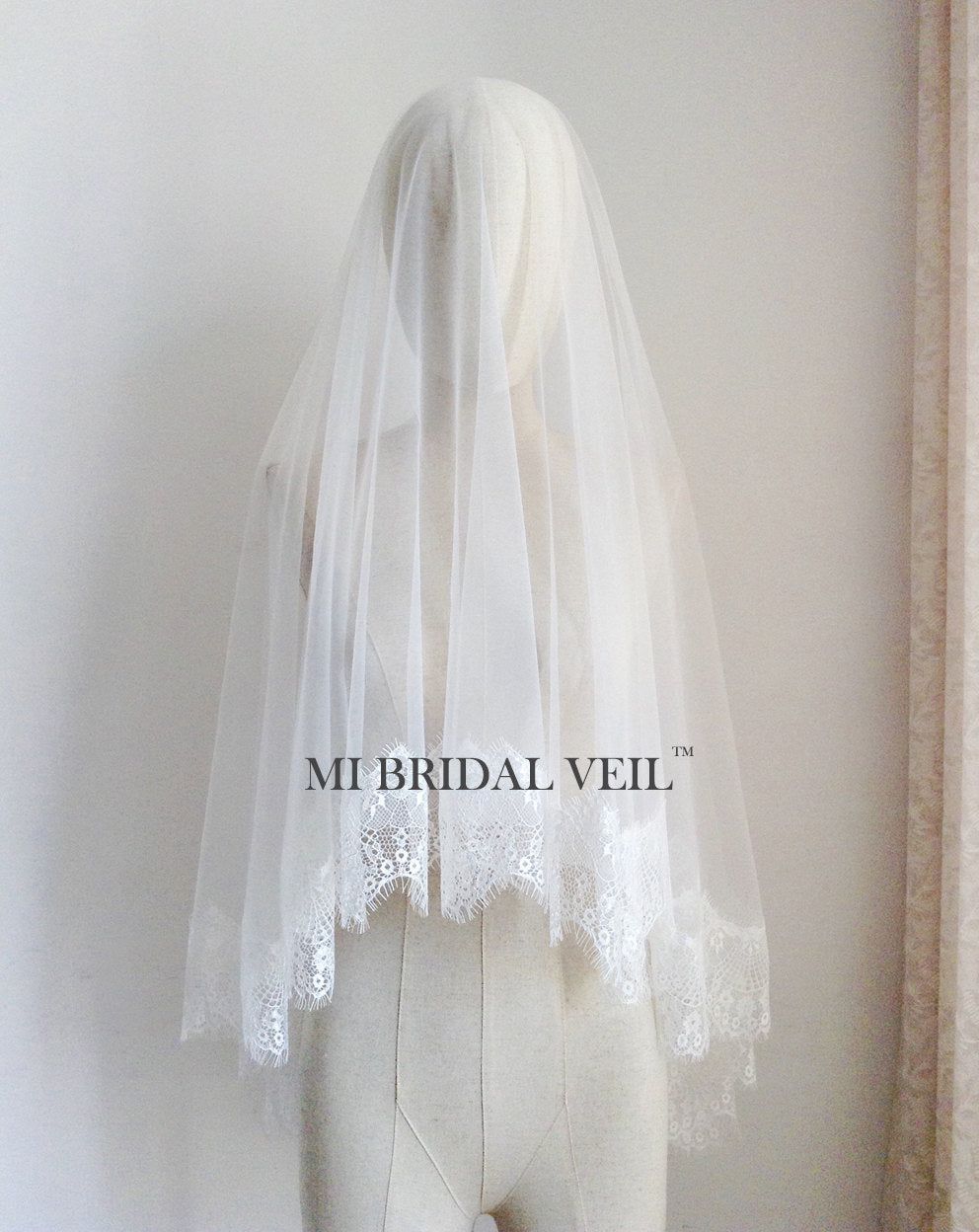 Elegant Mantilla Lace Wedding Veil with Blusher - Spanish Style Eyelash Lace Bridal Veil for Church Ceremony & Romantic Photography | Mi Bridal Collection