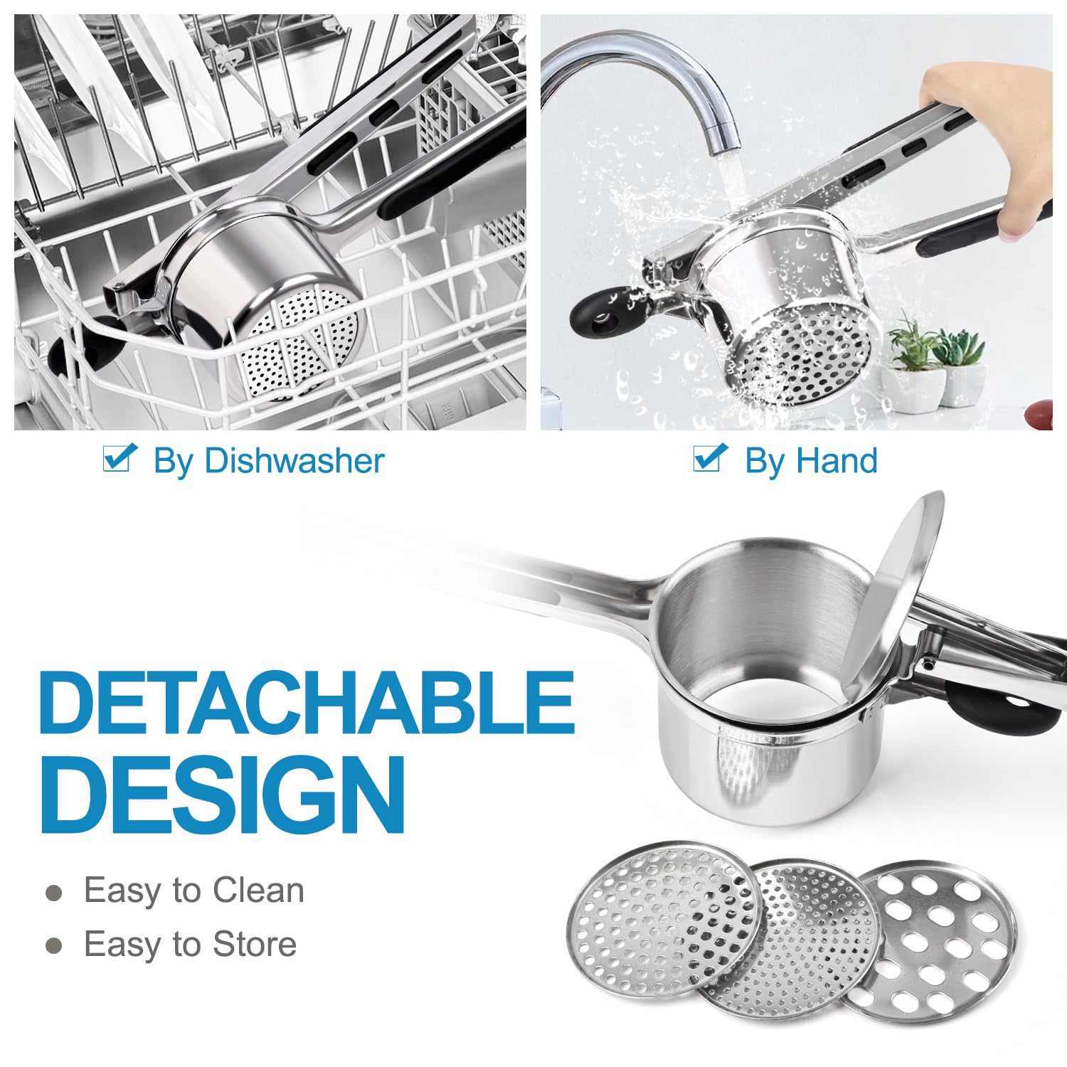 **Sopito Stainless Steel Potato Ricer & Masher with 3 Interchangeable Discs – Heavy Duty Kitchen Tool for Pressing, Mashing – Perfect for Mashed Potatoes, Baby Food & Purees**