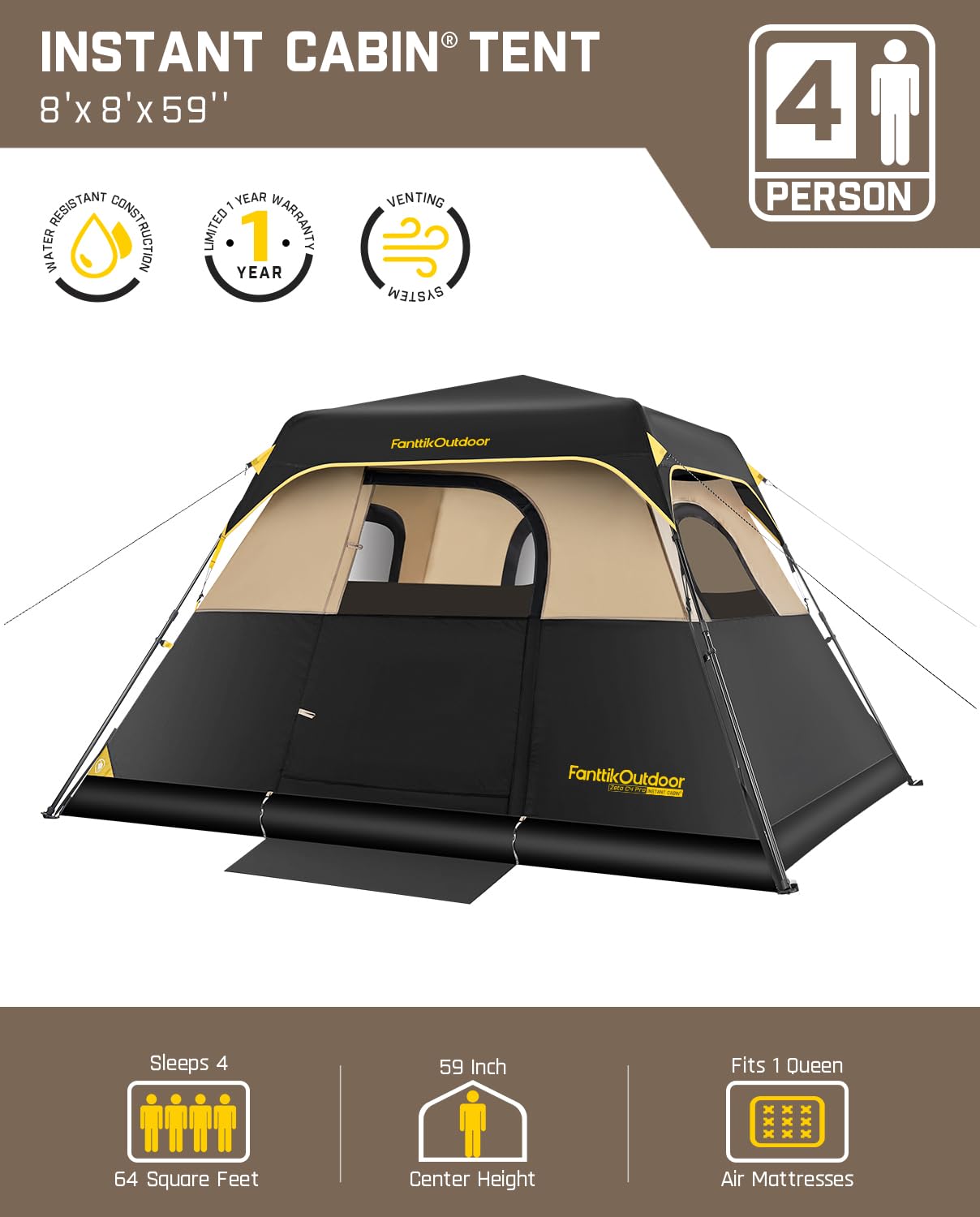 Fanttik 4/6/8/10 Person Instant Cabin Tent - 60 Second Setup, Waterproof Rainfly & Windproof Design - Portable Camping Tent with Carry Bag for Family Camping, Hiking, Backpacking & Outdoor Adventures