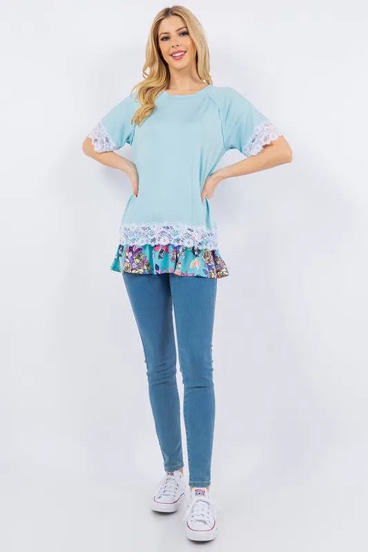 Celeste Plus Size Lace Trim Short Sleeve Blouse for Women - Elegant Casual Top for Office, Date Night & Summer Outfits