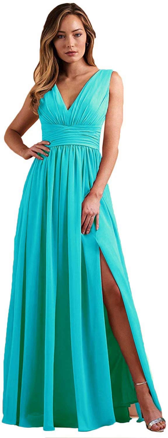 Elegant Double V Neck Bridesmaid Dress with High Slit & Ruched Chiffon - Long Formal Prom Gown for Weddings, Parties & Special Occasions