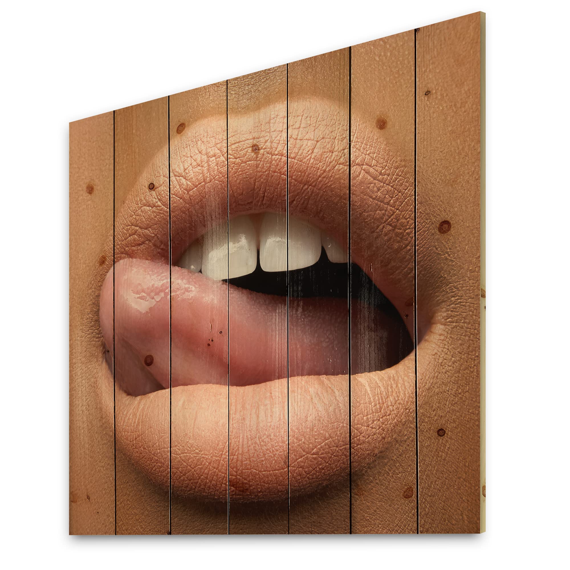 Stylish Dark-Skinned Female Lips with Tongue Wood Wall Art - Modern Pink Contemporary Wood Decor, Large Printed Pine Wood Panel - Perfect for Living Room, Bedroom & Office Decor