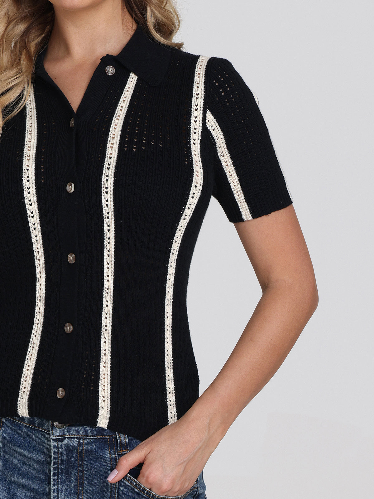 Jada Women's Stripe Polo Button Down Shirt - Casual & Office Wear - Perfect for Work, Business, and Everyday Outfits