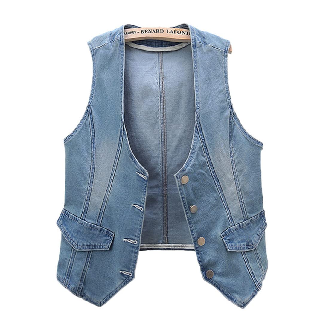 Korean Stretch Denim Women's Waistcoat - Slim Fit V-Neck Sleeveless Jacket for Spring & Summer | Vintage Style Jeans Vest for Casual Outfits, Layering & Streetwear Fashion