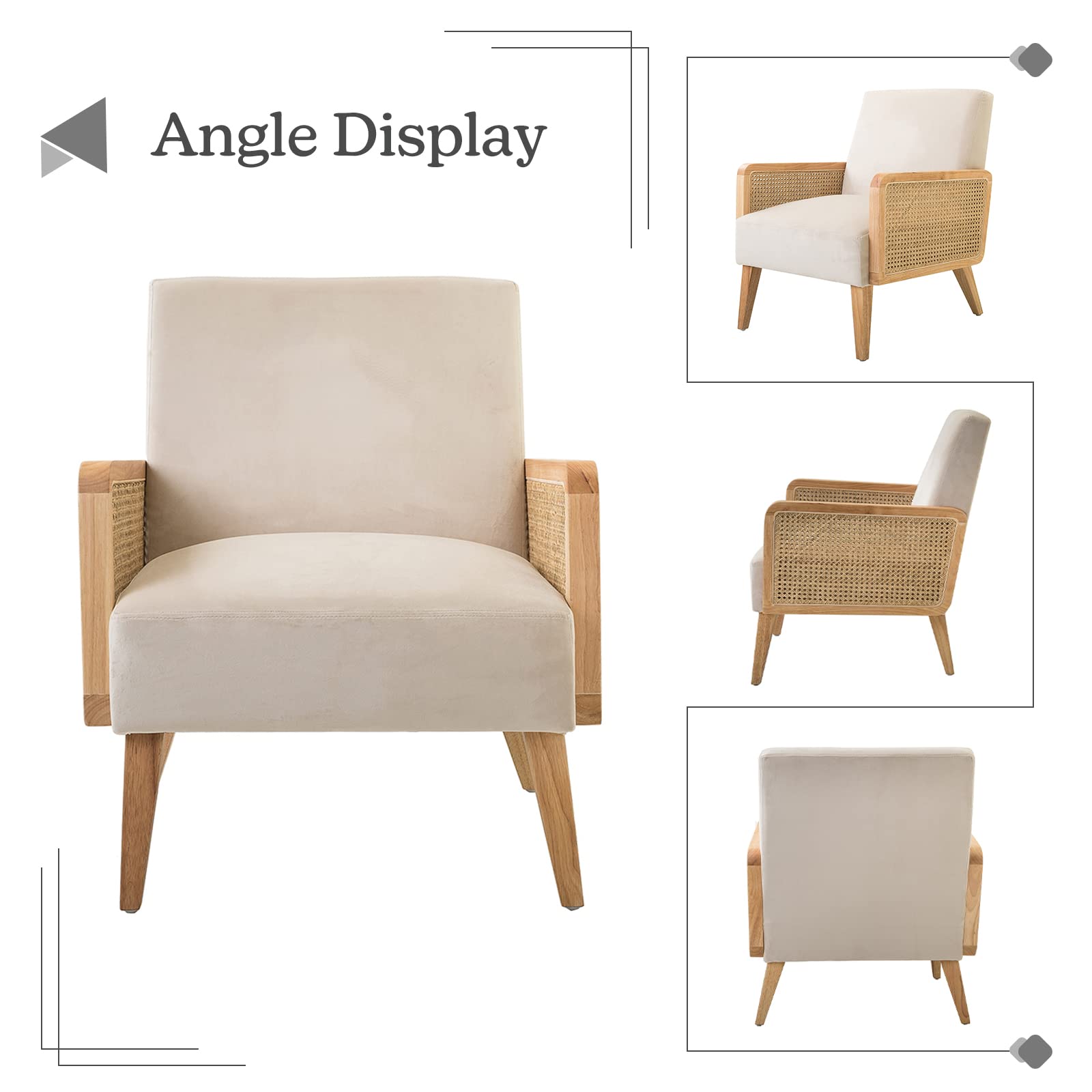 Mid Century Modern Accent Chair with Rattan Armrest & Wood Legs - Comfy Upholstered Lounge Armchair for Living Room, Bedroom, Reading Nook - Beige Home Decor | Perfect for Hosting Guests & Relaxing
