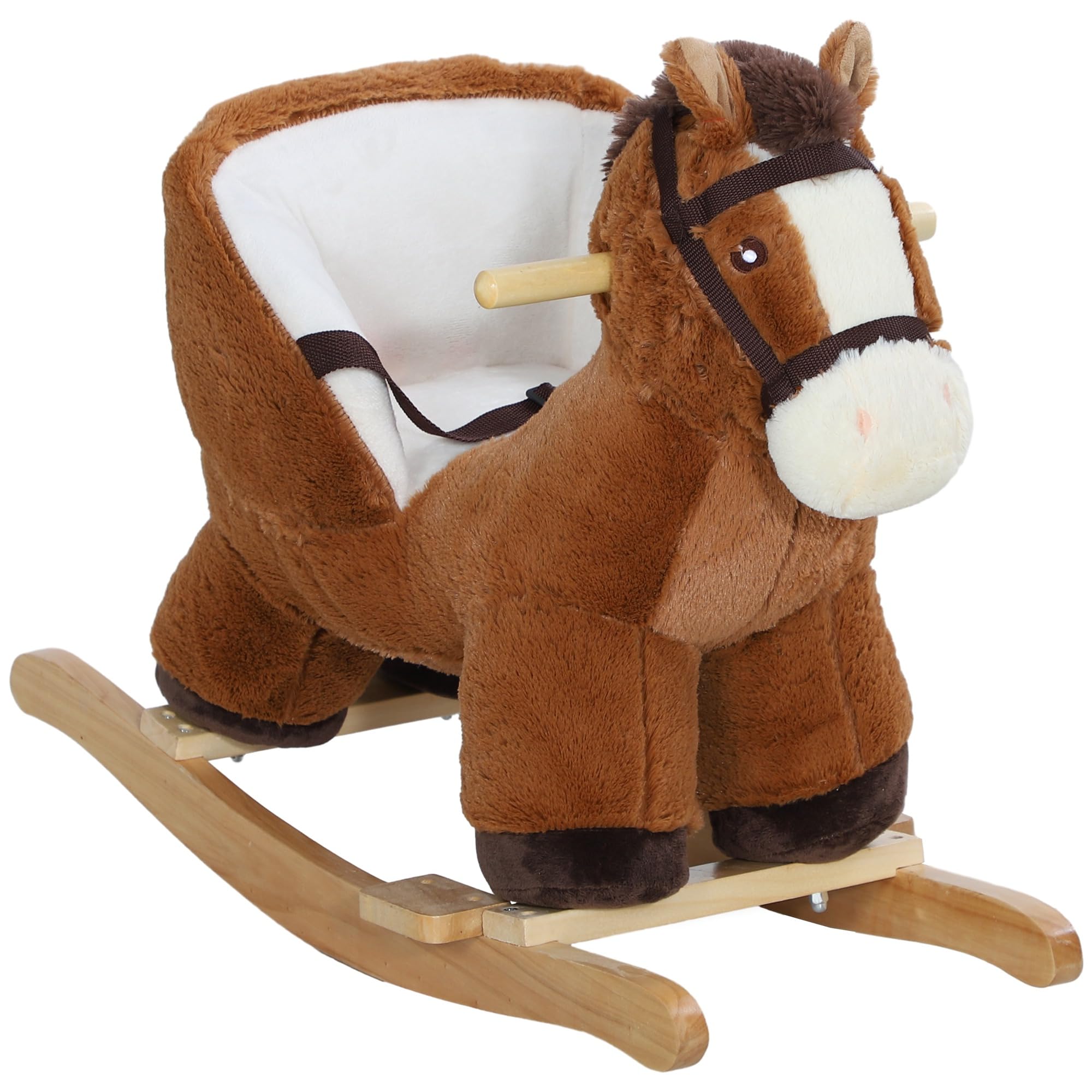 Qaba Baby Rocking Horse - Soft Plush Animal Rocker with Sound Effects, Sturdy Wooden Base & Safety Belt for Toddlers 18-36 Months (Brown) - Perfect Nursery Decor & First Ride-On Toy for Boys & Girls