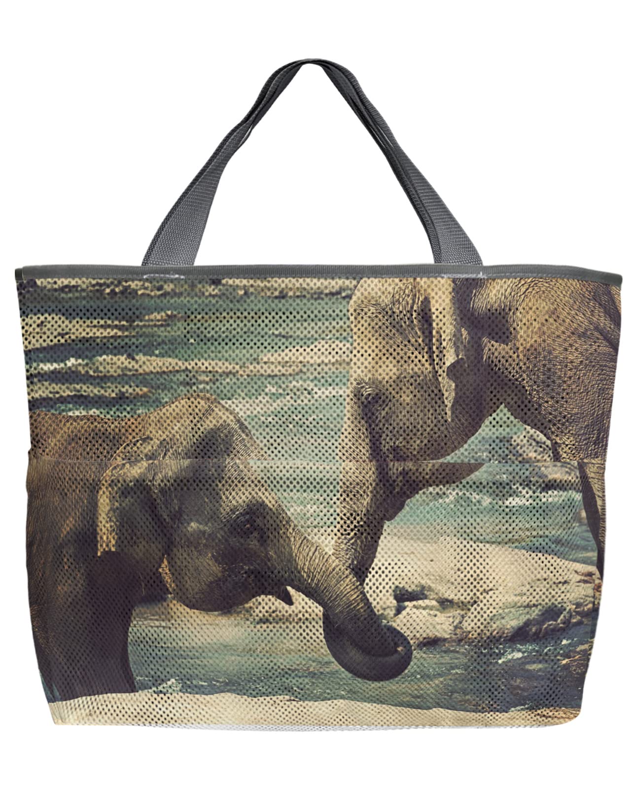Wild Elephant Mesh Beach Tote Bag - 60L Oversized Foldable Lightweight Storage Bag with Pockets for Pool, Grocery & Travel - Mother & Baby Elephant Family Design - 24