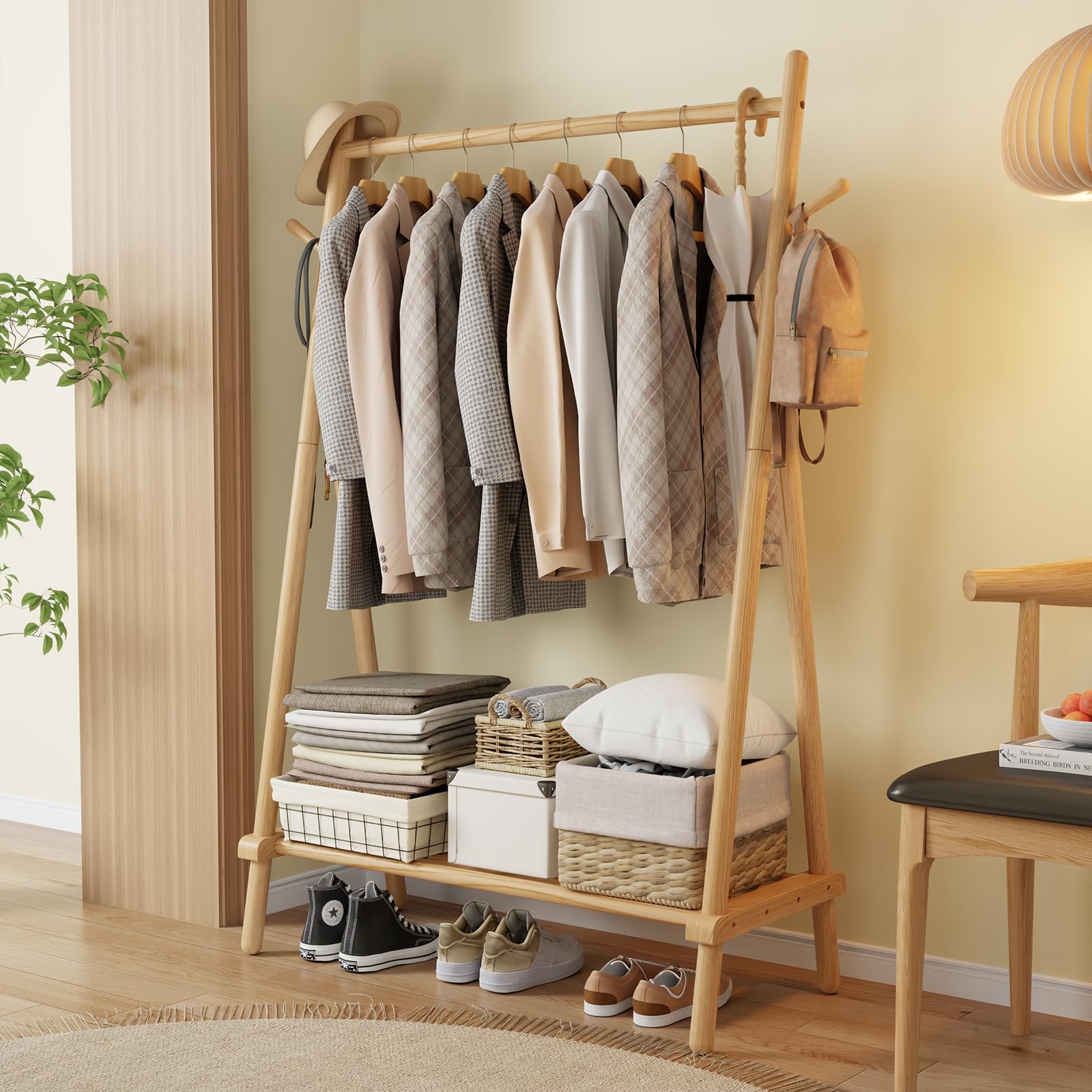 **Solid Wood Clothes Rack with Shelf & Hooks - Sturdy, Portable Garment Rack for Hanging Clothes, Coats, Skirts, Shoes & Bags - Easy to Assemble (Natural) - Perfect for Bedroom, Closet & Laundry Room Organization**