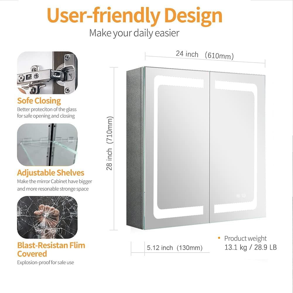 24 Inch X 28 Inch LED Illuminated Bathroom Mirror Cabinet - Stainless Steel Wall Mounted Medicine Cabinet with Touch Control, Color Changing, Dimmer & Anti-Fog Features - Perfect for Modern Bathrooms, Vanities and Makeup Areas