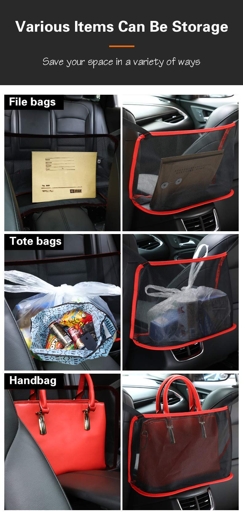 Car Purse Holder - Black Net Pocket Handbag Organizer for Seat Back, Attaches to Headrest - Perfect for Road Trips, Shopping & Daily Commute