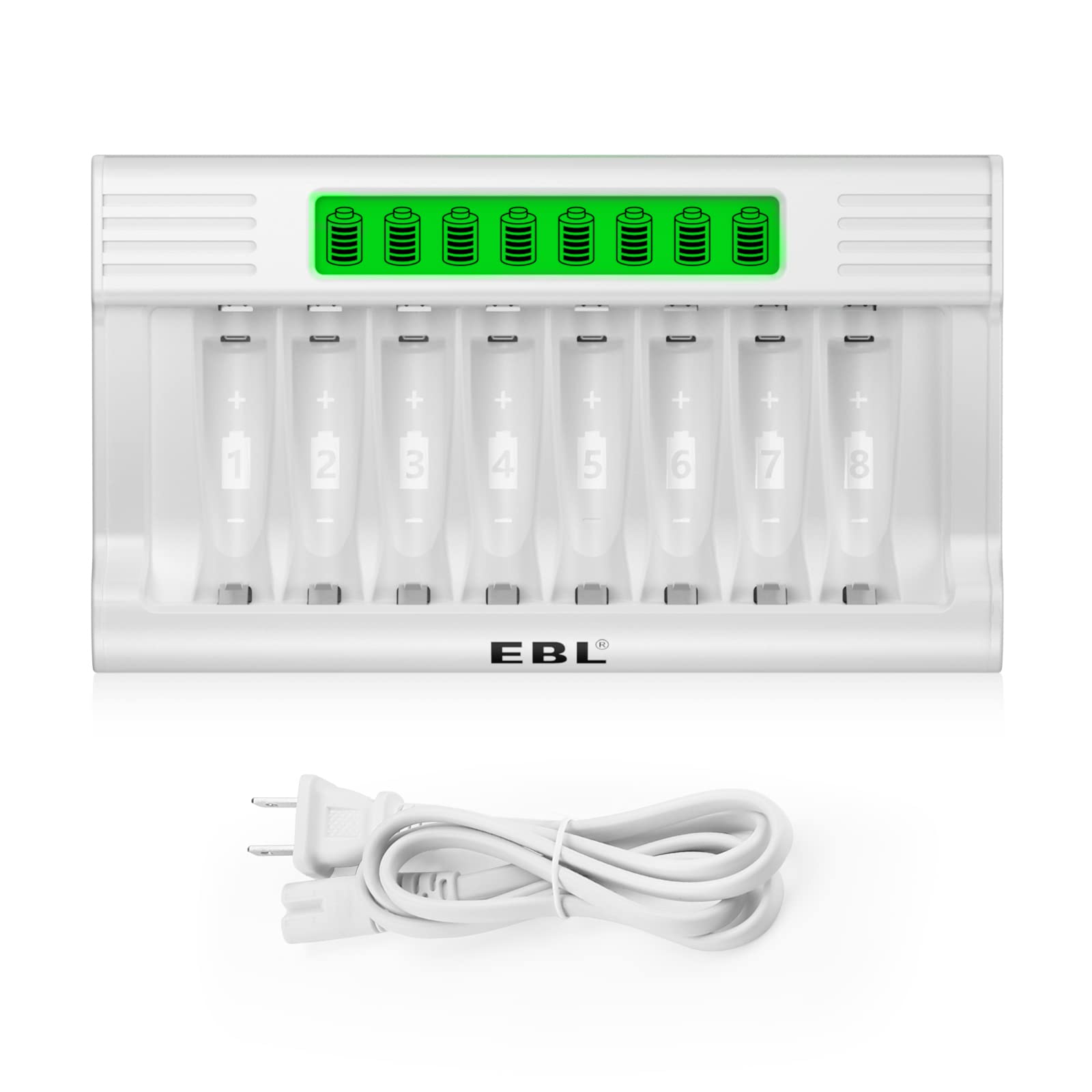 EBL 8-Slot LCD Battery Charger for AA AAA Rechargeable Batteries - Fast Charging with Intelligent Detection for Ni-MH Batteries | Perfect for Home, Office & Emergency Kits