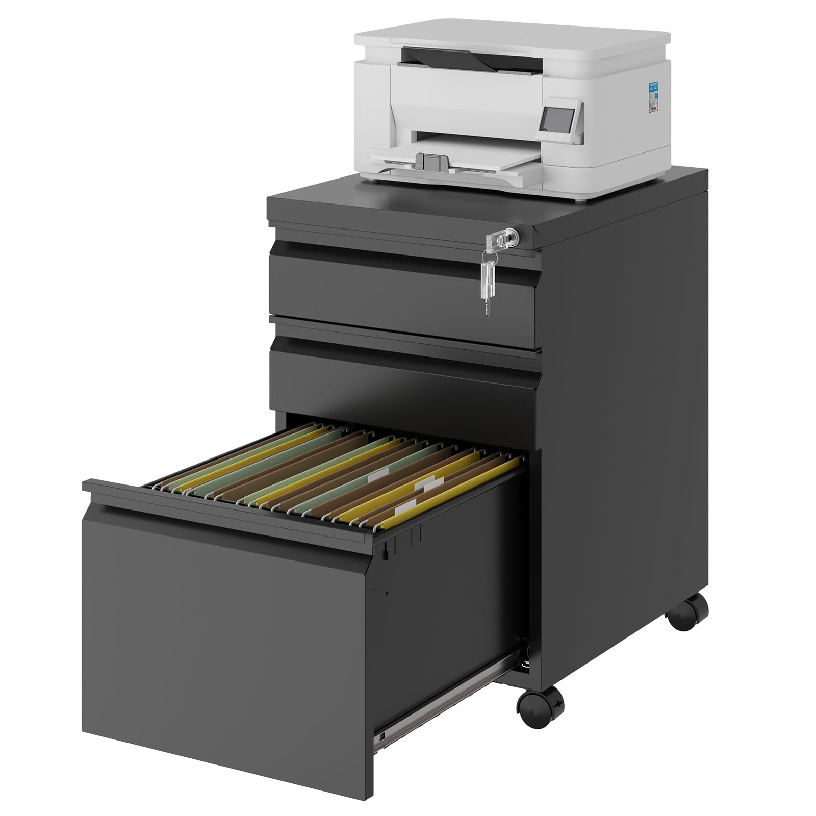 3-Drawer Rolling File Cabinet with Lock - Black Metal Mobile Filing Cabinet for Legal/Letter Size Documents (Fully Assembled Except Casters) - Perfect for Office Organization, Home Office Storage & Business Document Filing
