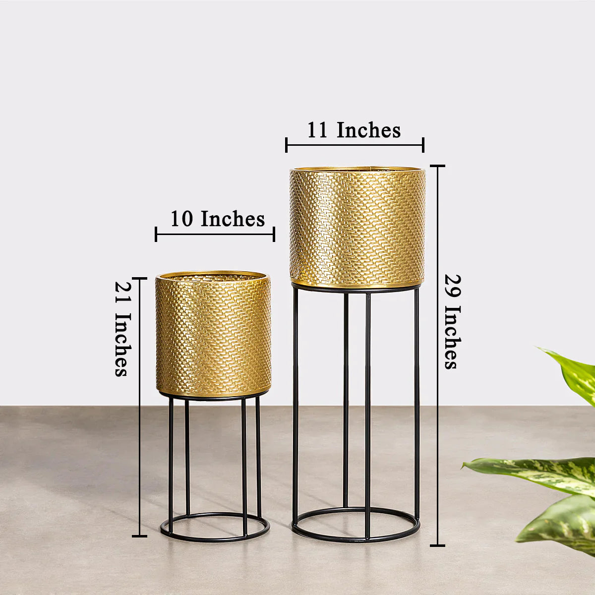 Golden Eclipse Metal Planters Set of 2 - Modern Indoor/Outdoor Flower Pots for Home Decor, Garden, Patio & Office - Durable Decorative Plant Containers with Drainage Holes