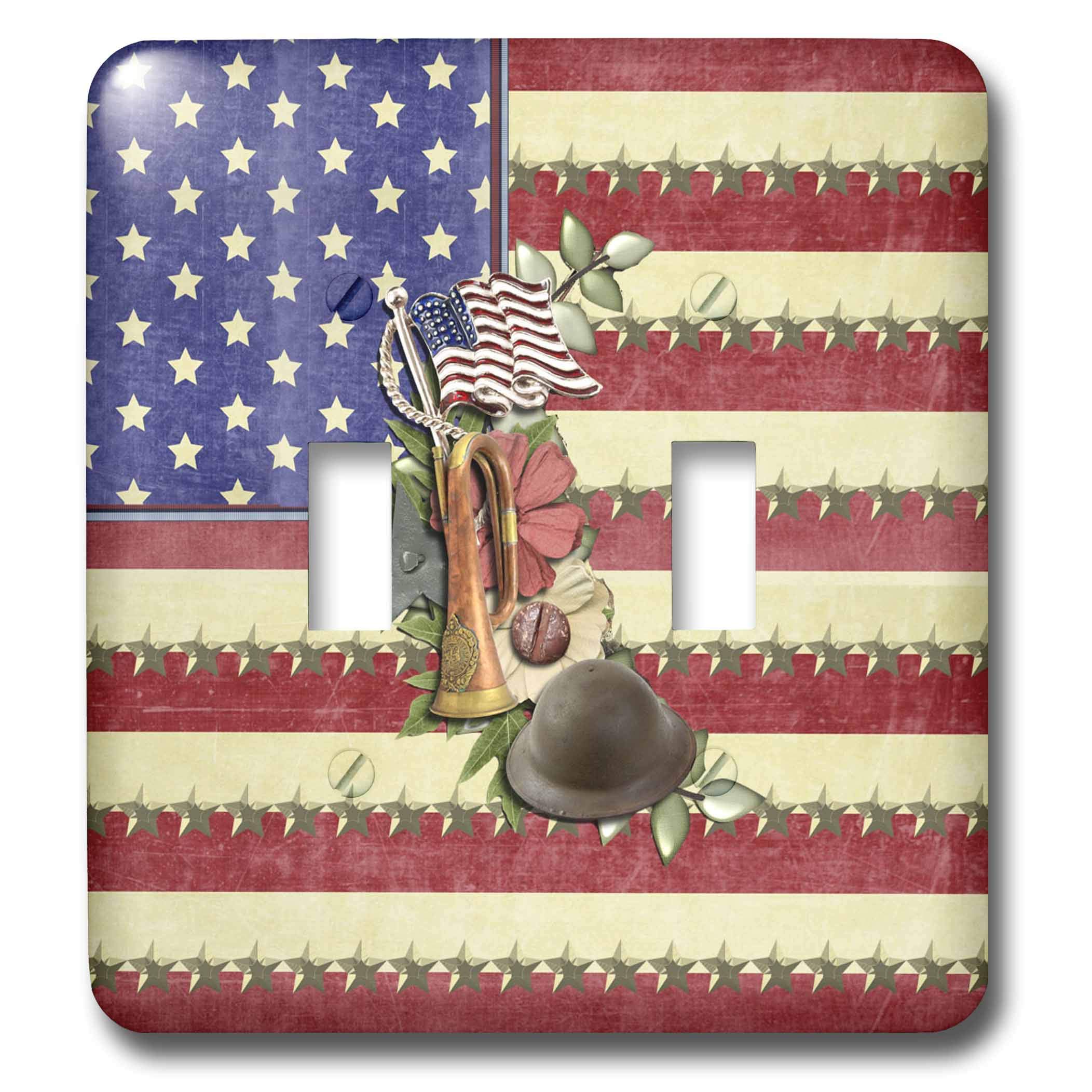 3D Patriotic USA Flag, Horn, Helmet & Flowers Light Switch Cover - Decorative Wall Plate for Home, Office & Military-Themed Rooms - Perfect for Bedroom, Living Room & American Decor