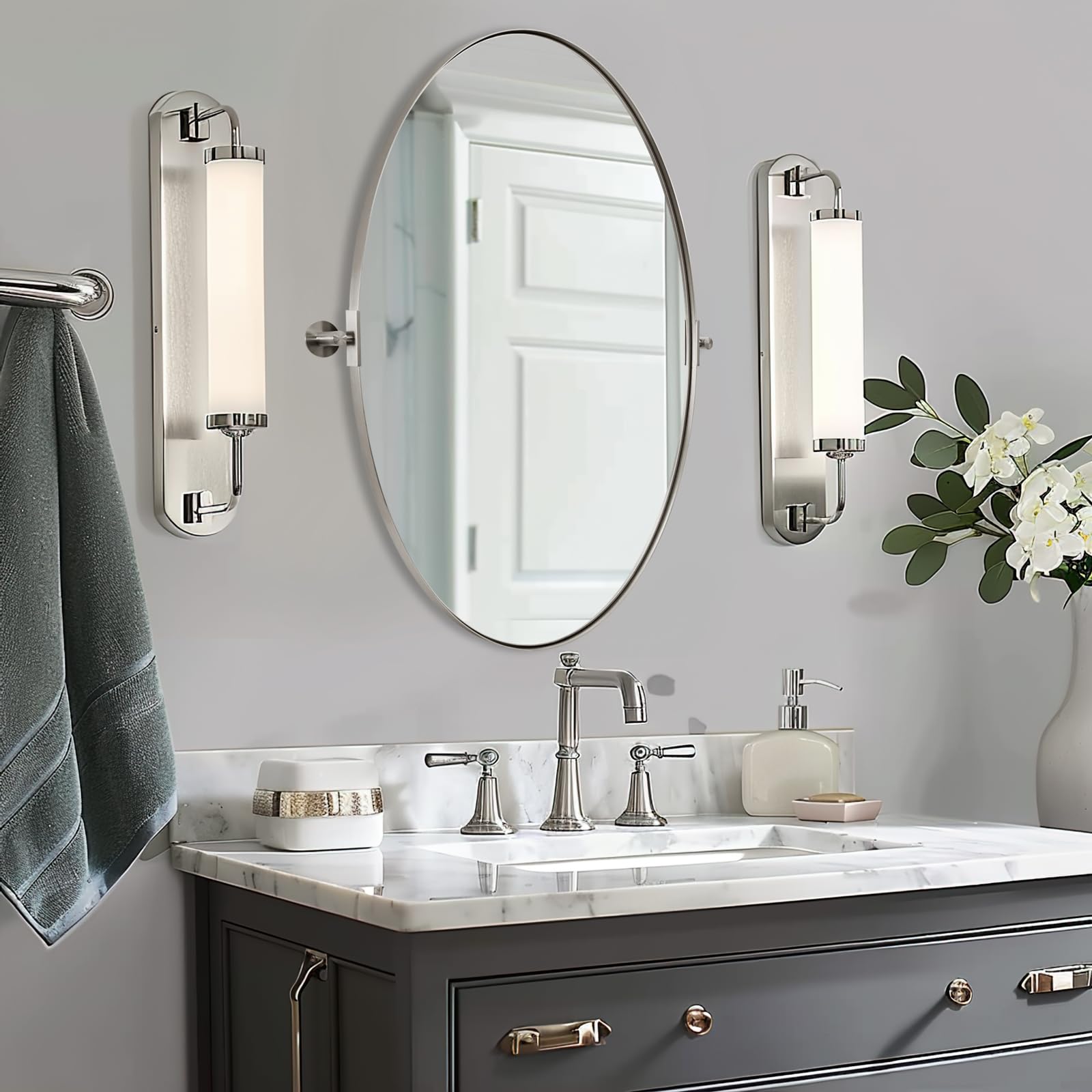 ANDY STAR Brushed Nickel Oval Pivot Bathroom Mirror - Stainless Steel Metal Frame, Tilting Vanity Wall Mirror for Vertical or Horizontal Hanging - Perfect for Bathroom, Bedroom, Dressing Room and Home Decor
