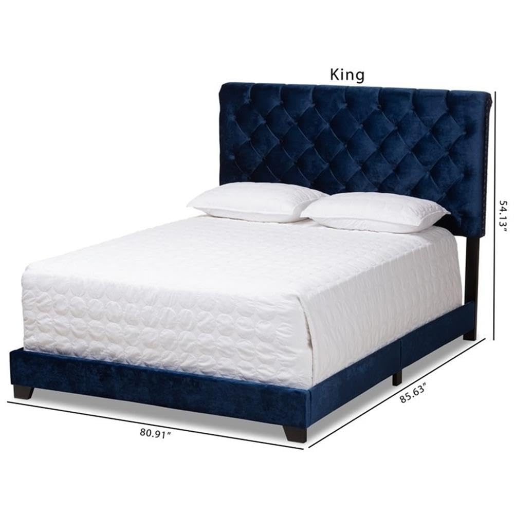 Allora Velvet Modern Button Tufted Fabric King Size Bed Frame - Navy Blue Upholstered Headboard for Luxurious Bedroom Decor | Perfect for Master Bedrooms & Guest Rooms