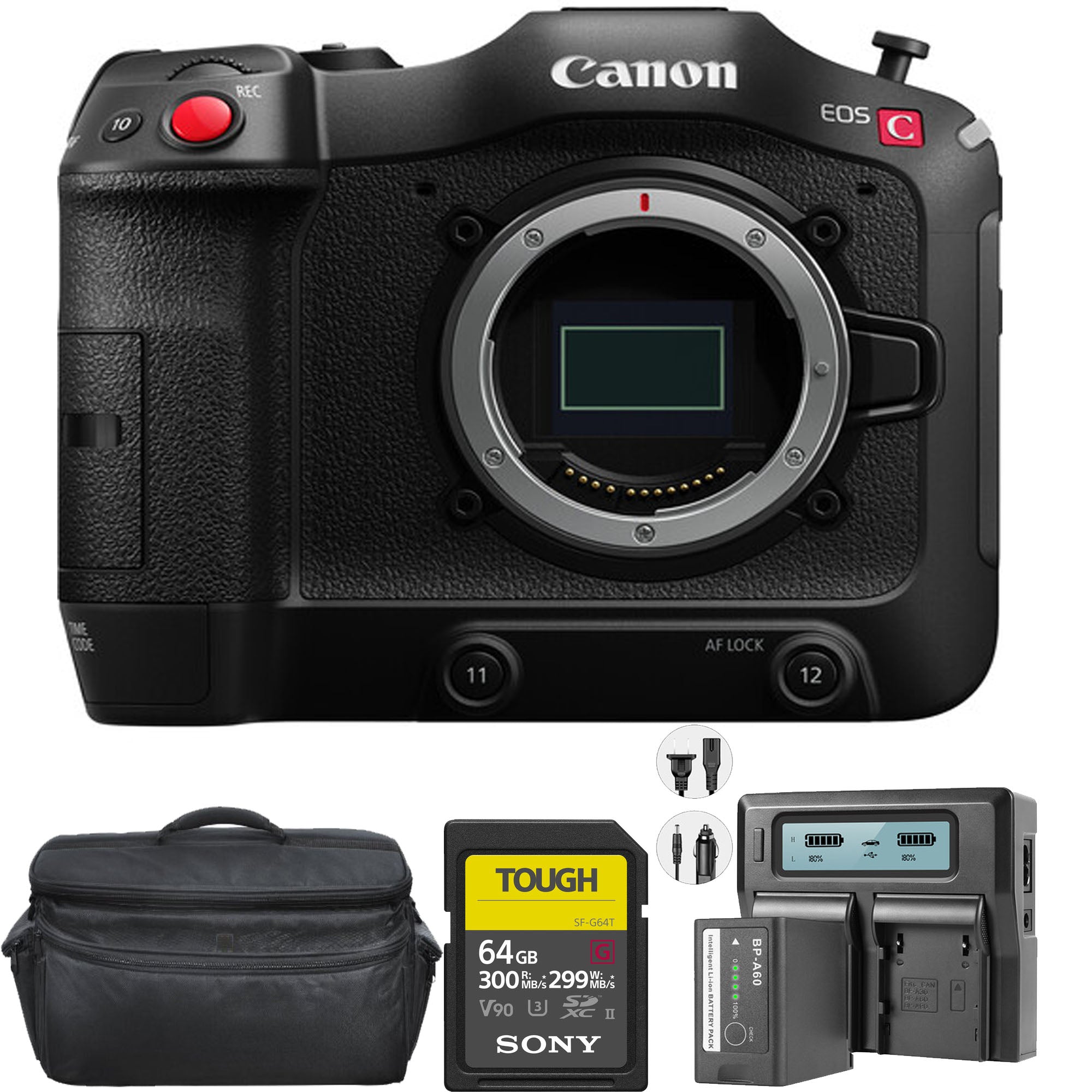 Canon EOS C70 4K Cinema Camera with RF Lens Mount | Sony 64GB SF-G Tough SD Card | Dual BP-A60 Battery Charger & Large Protective Case | Professional Video Filmmaking for YouTube, Movies & Live Events