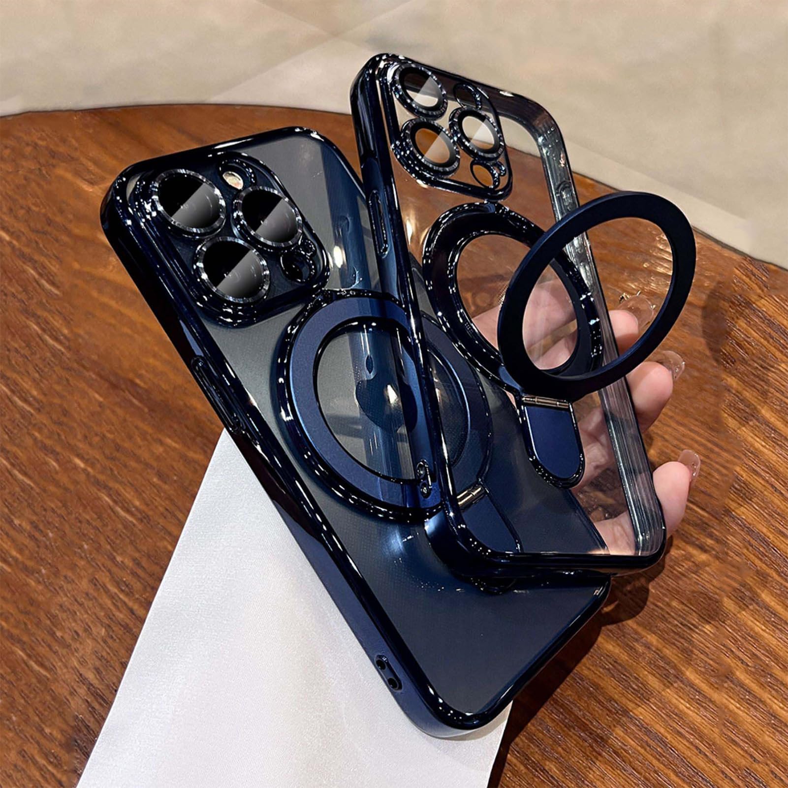 Magnetic Invisible Stand iPhone 15 Pro Max Case with MagSafe - Military-Grade Protection, Camera Protector & Scratch-Resistant Clear Back Cover (Blue Titanium) - Perfect for Hands-Free Viewing, Wireless Charging & Daily Protection