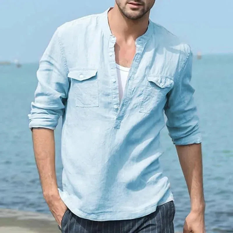 Men's Casual Long Sleeve Linen Shirt - Breathable & Comfortable Button Down Top for Summer, Office Wear & Outdoor Activities