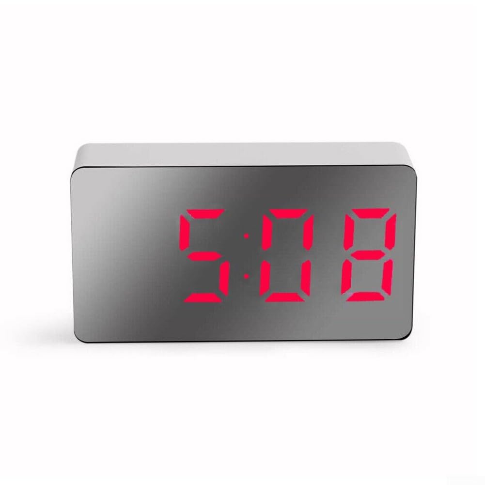 Portable LED Mirror Clock with USB Charging - Digital Alarm Clock for Bedroom, Living Room & Office - Red - Perfect for Nightstand, Desk & Travel Use