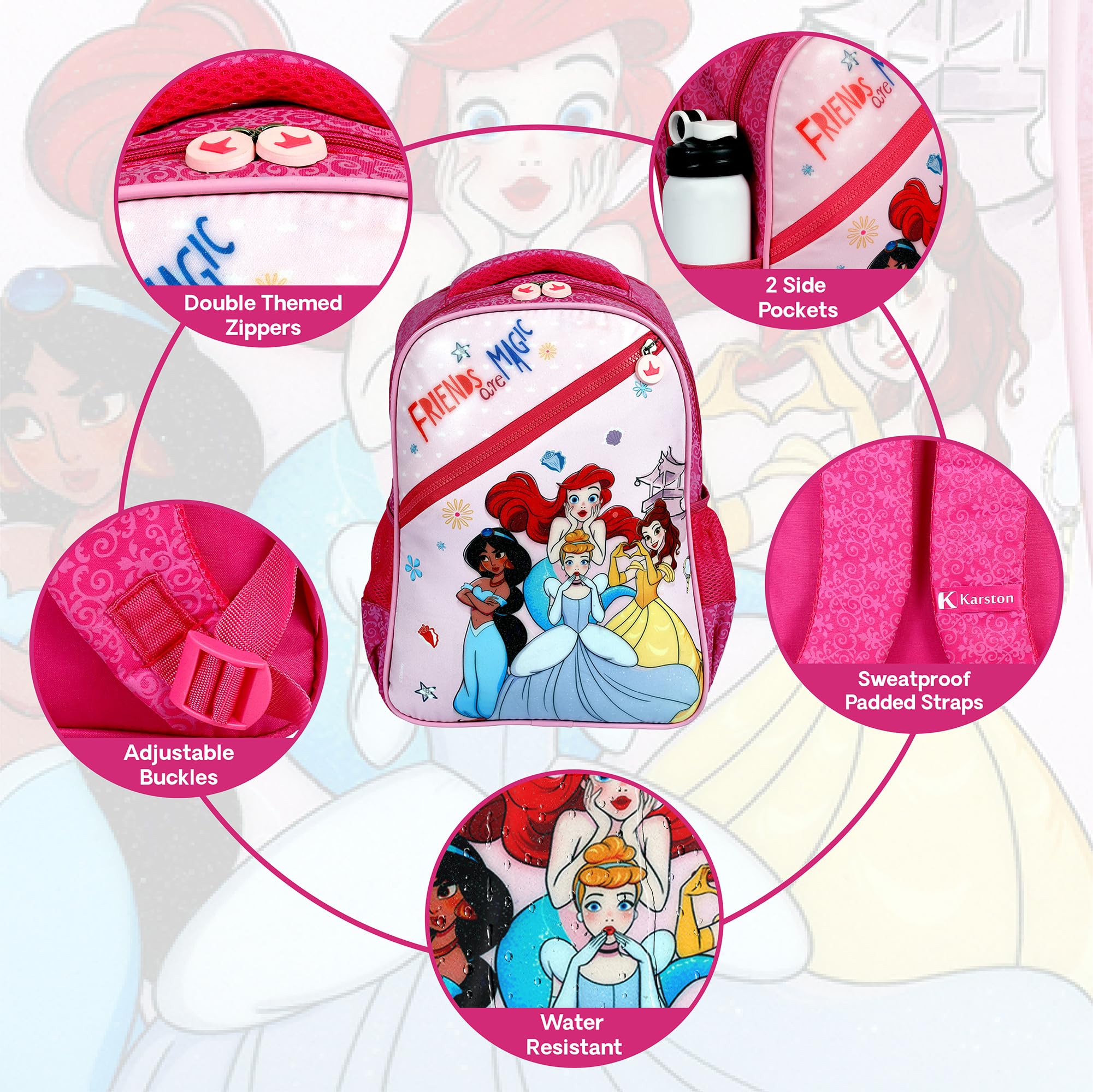 Disney Princess Magic School Backpack for Girls - 14 Inch Large Water Resistant Kids Backpack, 17L Capacity for School, Travel, Picnic | Perfect Gift for Girls | Durable & Stylish Backpack for Everyday Use