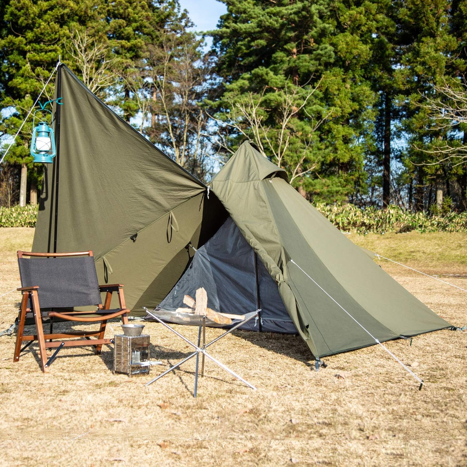 4 Season Hot Tent Teepee - Single Person Canvas Tent with Snow Skirt for Military, Bushcraft, Camping, Hunting & Fishing | All-Weather Outdoor Shelter for Solo Adventures in Snow, Rain or Wind (Green)