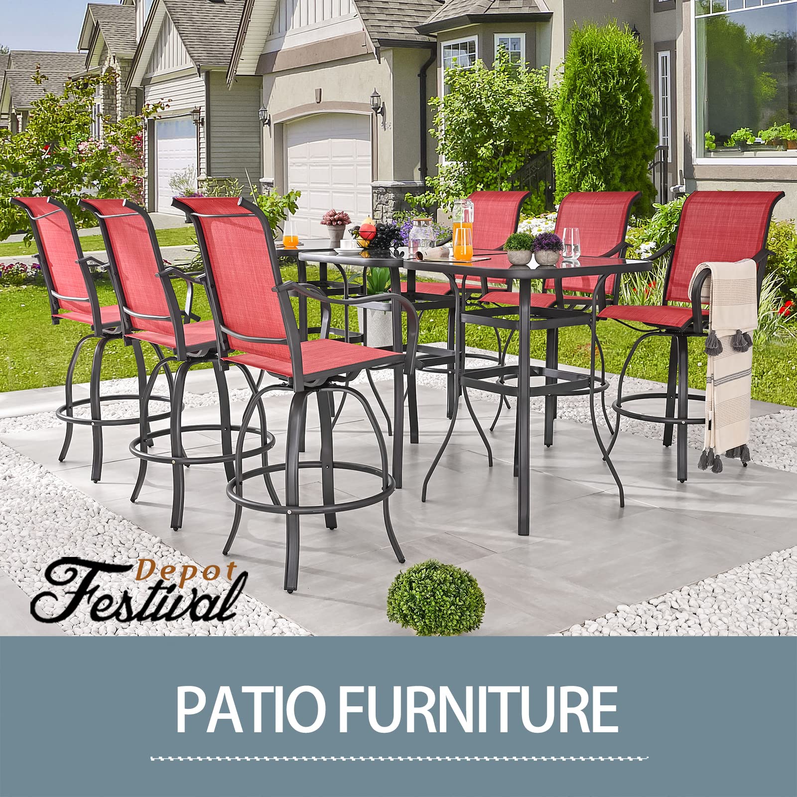 Festival Depot 9-Piece Patio Dining Set - Swivel Bar Height Stools with Armrests, Tempered Glass Top Table & Metal Outdoor Furniture for Backyard, Garden, or Poolside (Red) - Perfect for Outdoor Entertaining & Relaxation