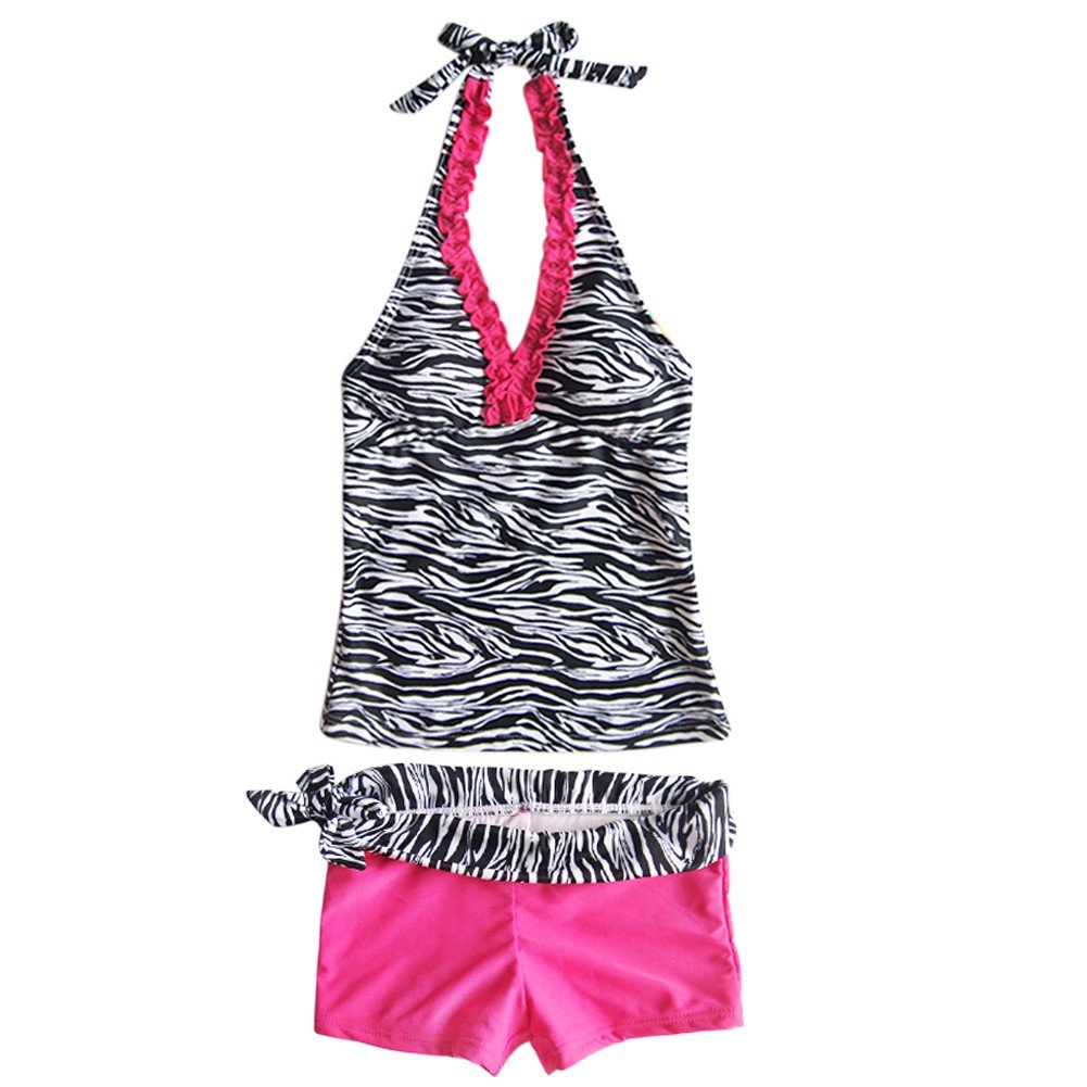 Girls' Zebra Print Halter Tankini Swimsuit Set with Shorts - Cute Two-Piece Swimwear for Summer Beach, Pool & Vacation