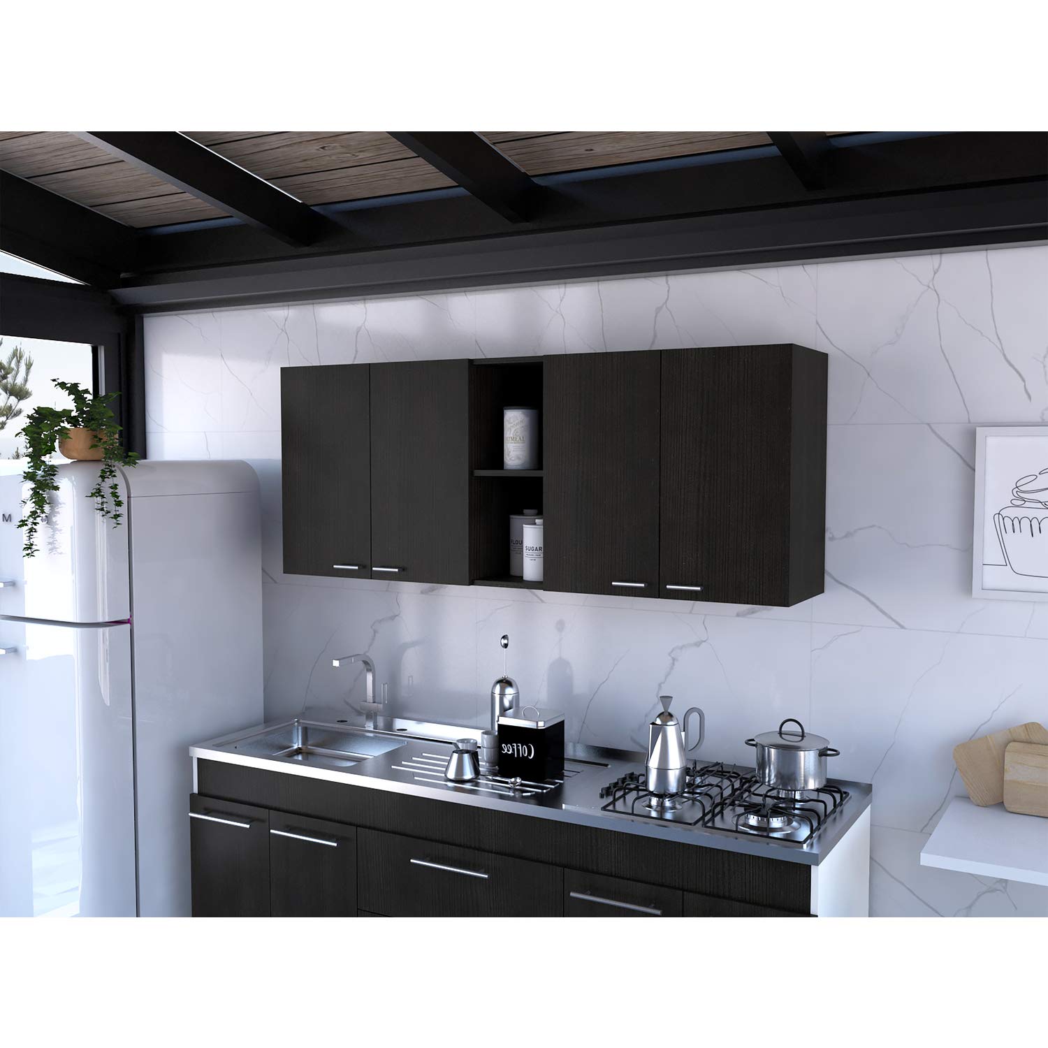 Tuhome Portofino 150 Wall Cabinet in Black Wengue Finish - Modern Bathroom Storage & Kitchen Organization Solution