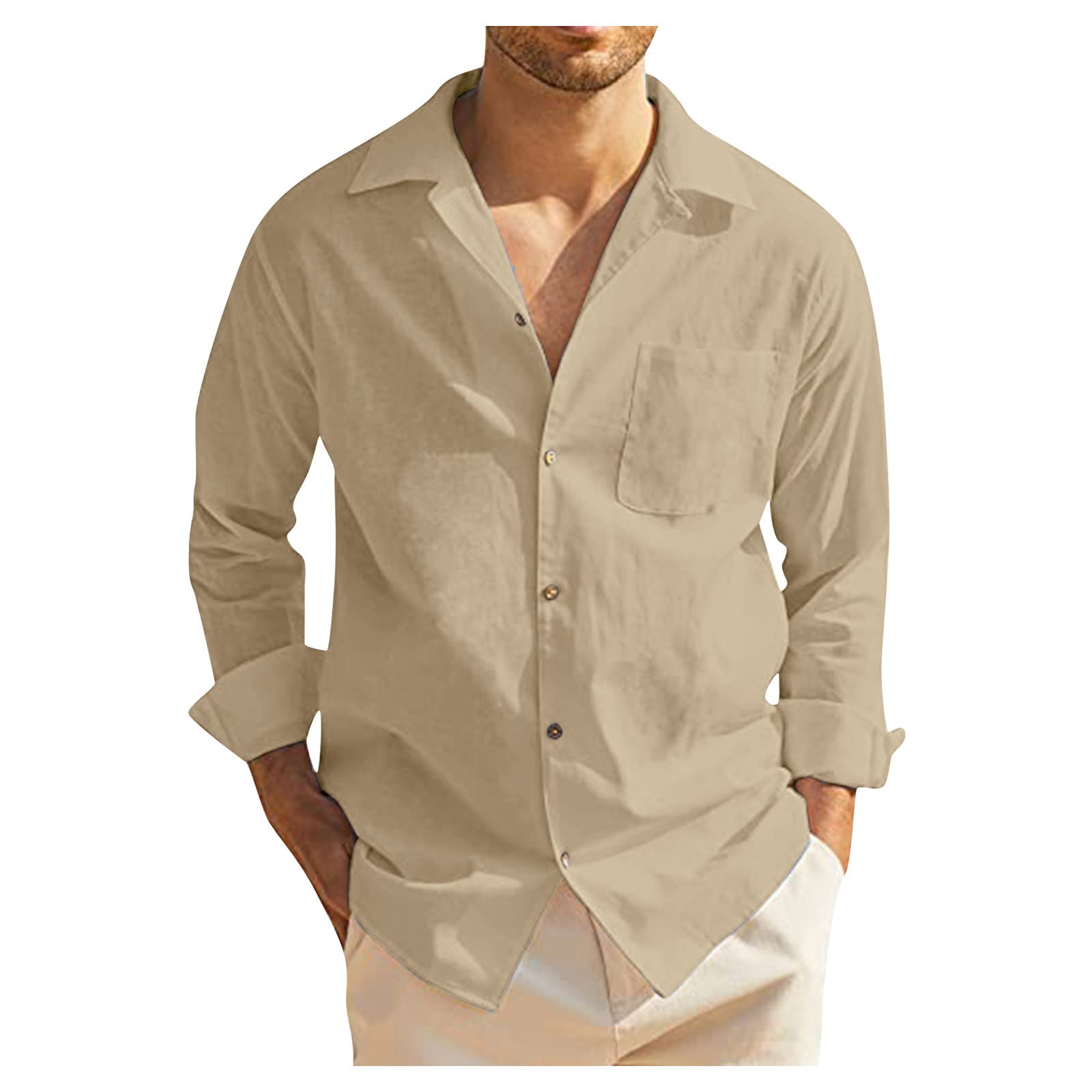 LOOKAA Men's Casual Linen Button Down Shirt - Long Sleeve Solid Stand Collar Western Style Top for Spring | Perfect for Office, Date Night & Outdoor Activities