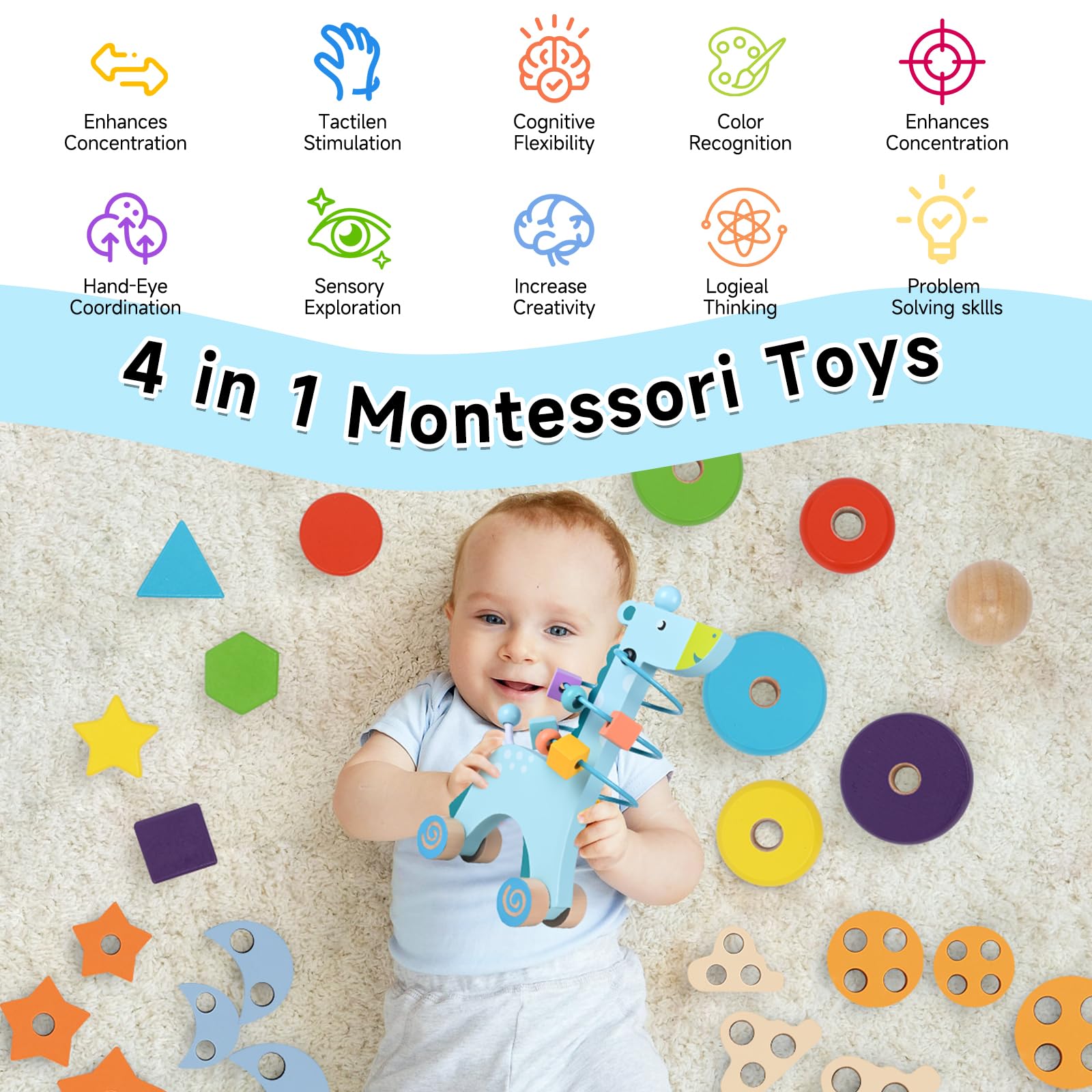 4-in-1 Wooden Montessori Toys for Toddlers 1-3 Years Old - Educational Sensory Learning Toys for Baby Boys & Girls - Developmental Toys for Fine Motor Skills - Perfect Christmas & Birthday Gift for 1+ Year Olds (Great for Early Childhood Education & Playtime Activities)