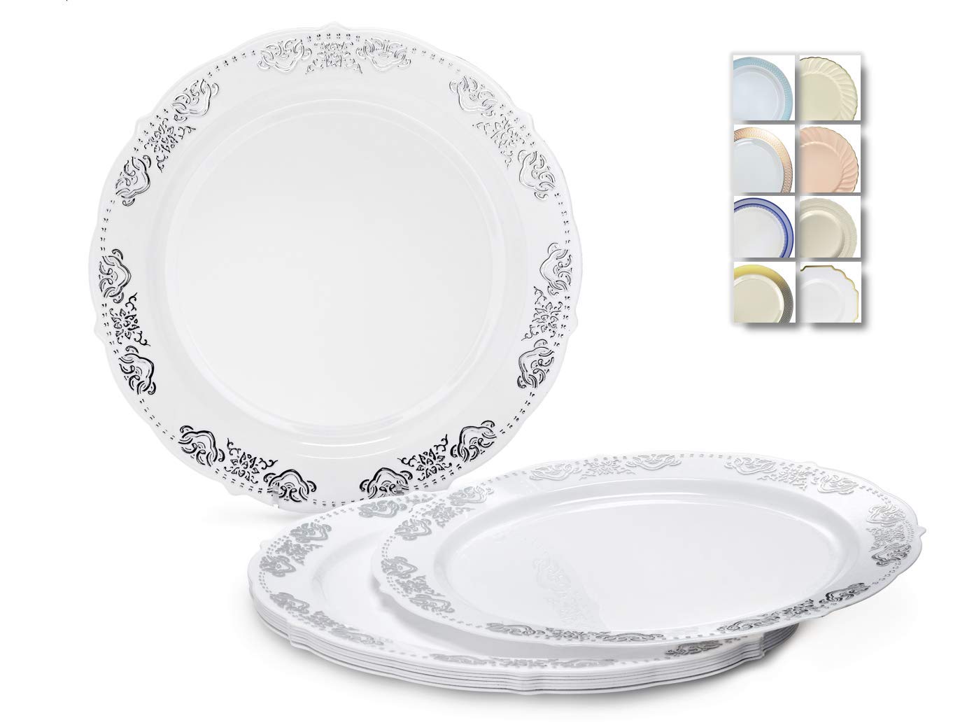 Vintage Disposable Plastic Plates 60-Pack - 7.5'' Appetizer & Dessert Plates in Elegant White & Silver | Perfect for Weddings, Parties, and Special Occasions