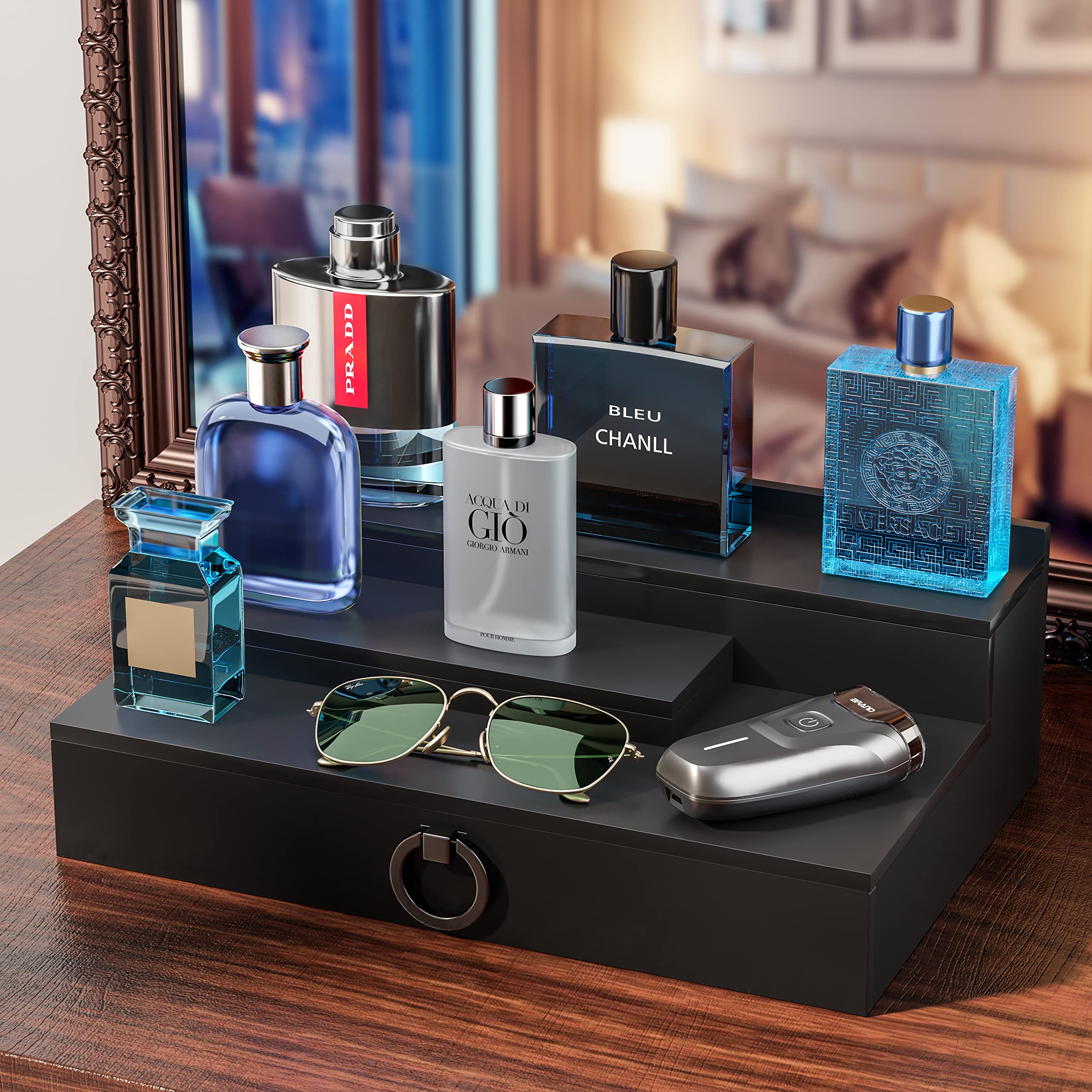 WINKINE Acrylic Cologne Organizer for Men - Perfume Display Shelf with Hidden Compartment & Drawer - Fragrance Storage Tray for Dresser | Perfect for Bedroom Vanity, Bathroom Counter & Closet Organization