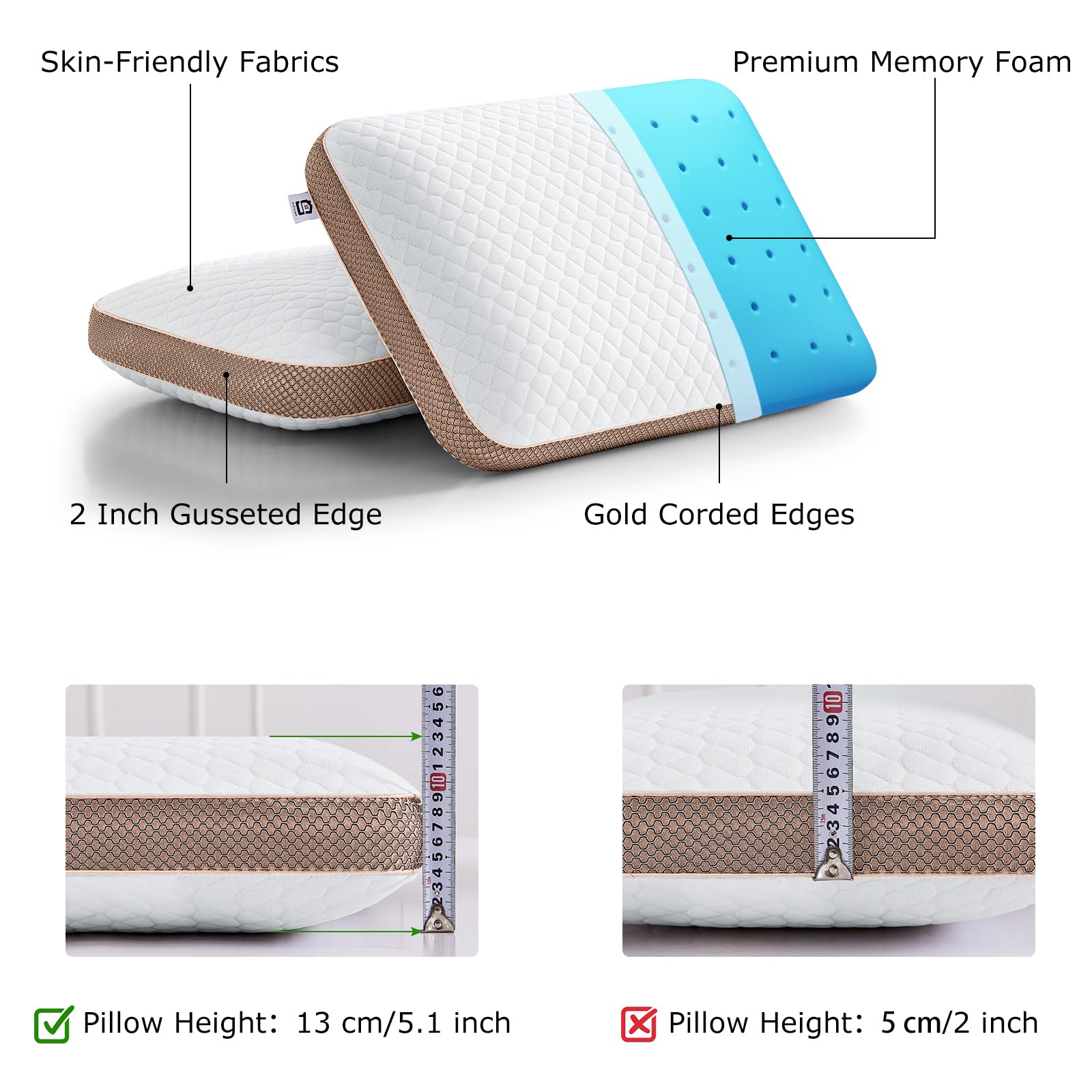 Memory Foam Pillows Set of 2 - Standard Size Medium Firm Orthopedic Bed Pillows for Side, Back & Stomach Sleepers | Cooling Gel Infused & Ventilated Design | Washable Cover | Perfect for Neck Pain Relief & Better Sleep