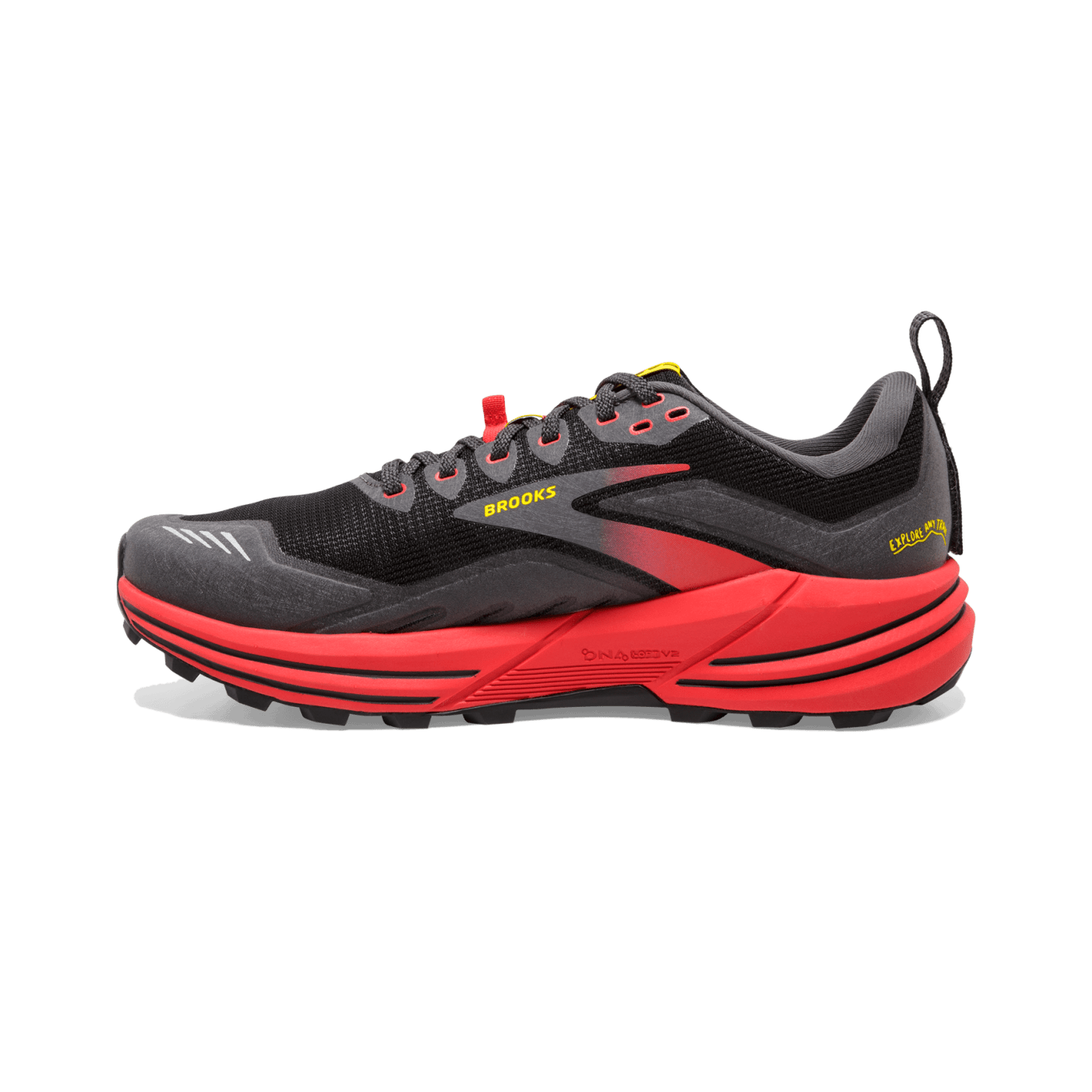 Brooks Cascadia 16 Men's Trail Running Shoes - D Width, Black/Fiery Red/Yellow - Lightweight & Durable for Hiking, Jogging & Outdoor Adventures