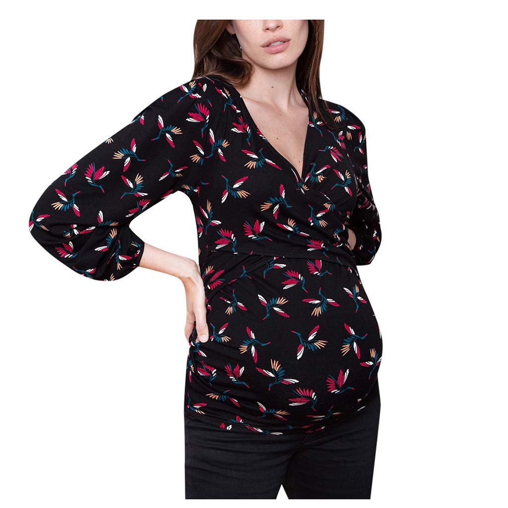 Maternity Nursing Top for Women - V-Neck Long Sleeve Ruffles Printed Blouse - Comfortable Pregnancy Shirt for Work & Casual Wear - Black