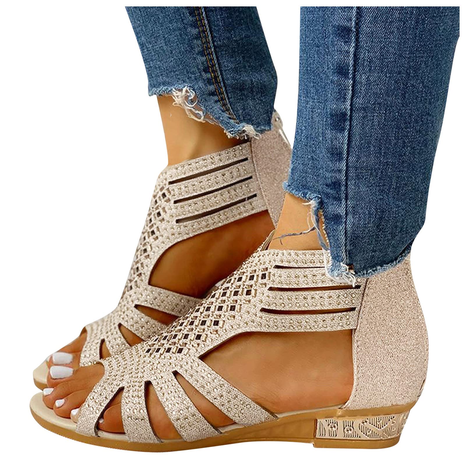 Stylish Women's Rhinestone Zipper Strap Sandals - Open Toe Wedge Heel Summer Casual Shoes for Beach, Party & Vacation