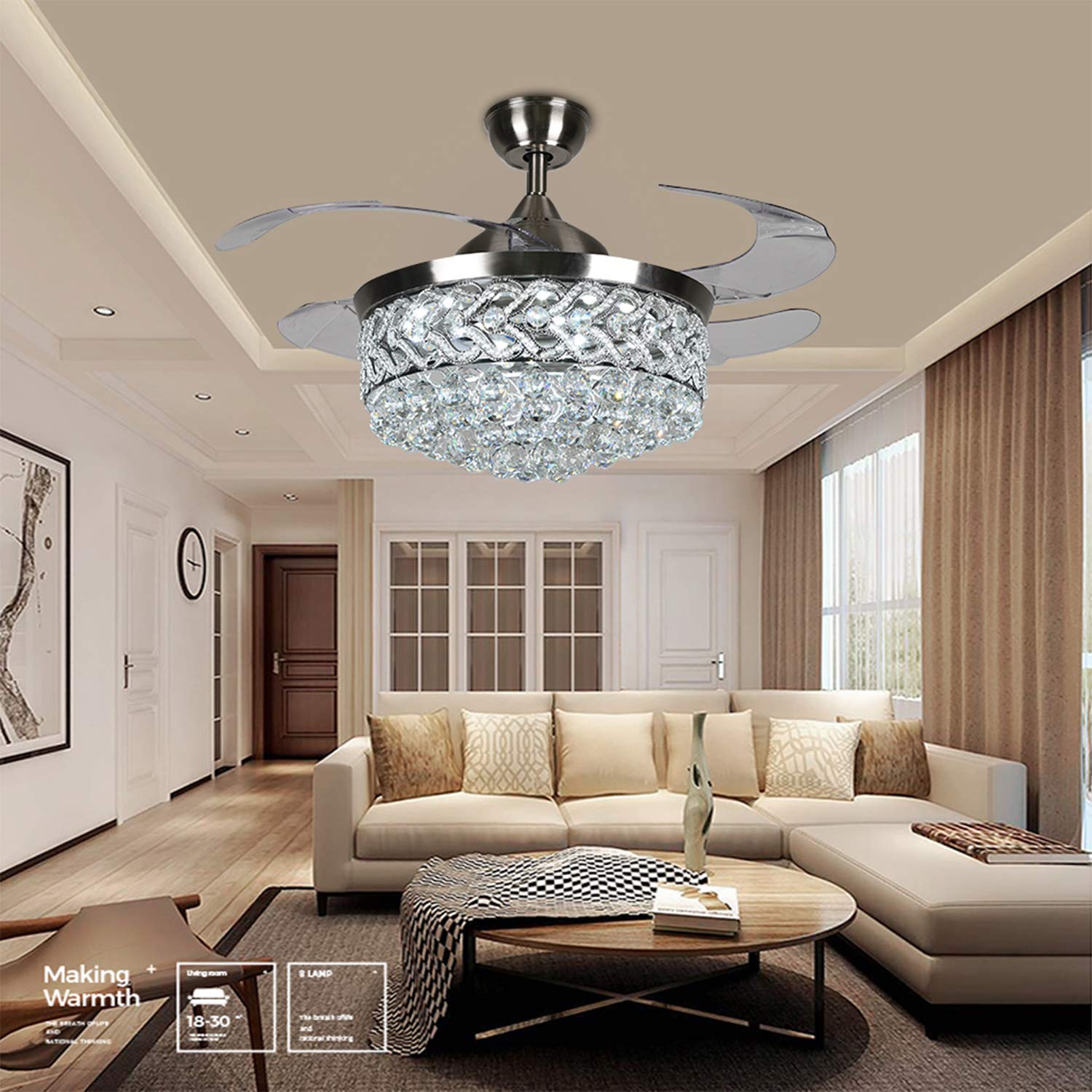 42 Inch Modern Silver LED Ceiling Fan Chandelier with Crystal, Remote Control & Dimmable Lights - Silent Retractable Invisible Fan for Dining Room, Living Room & Bedroom