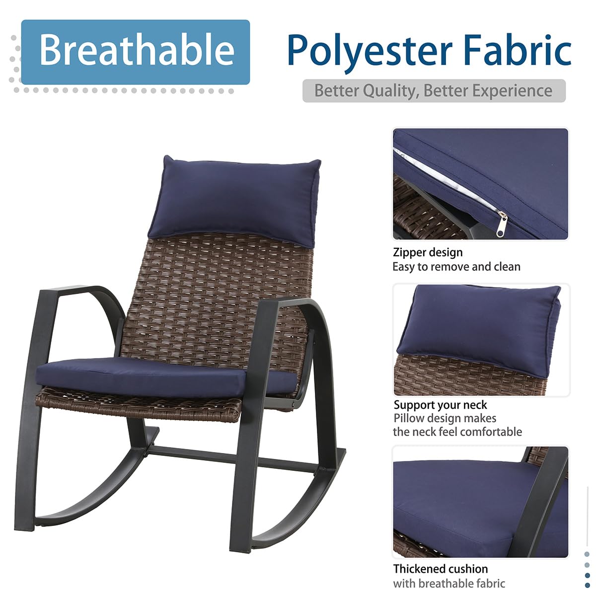 3-Piece Wicker Rocking Bistro Set with Coffee Table - Outdoor Patio Furniture for Porch, Balcony, Garden & Backyard - Blue Conversation Seating for Relaxing & Entertaining Guests