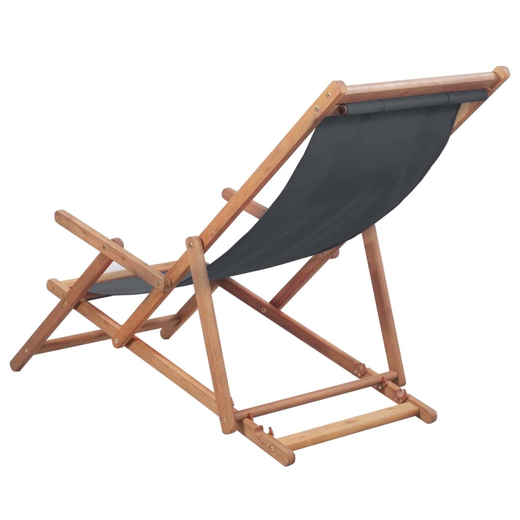 SKM Folding Beach Chair - Portable Wooden Frame with Gray Fabric - Lightweight & Compact for Outdoor, Camping, Picnics & Beach Relaxation