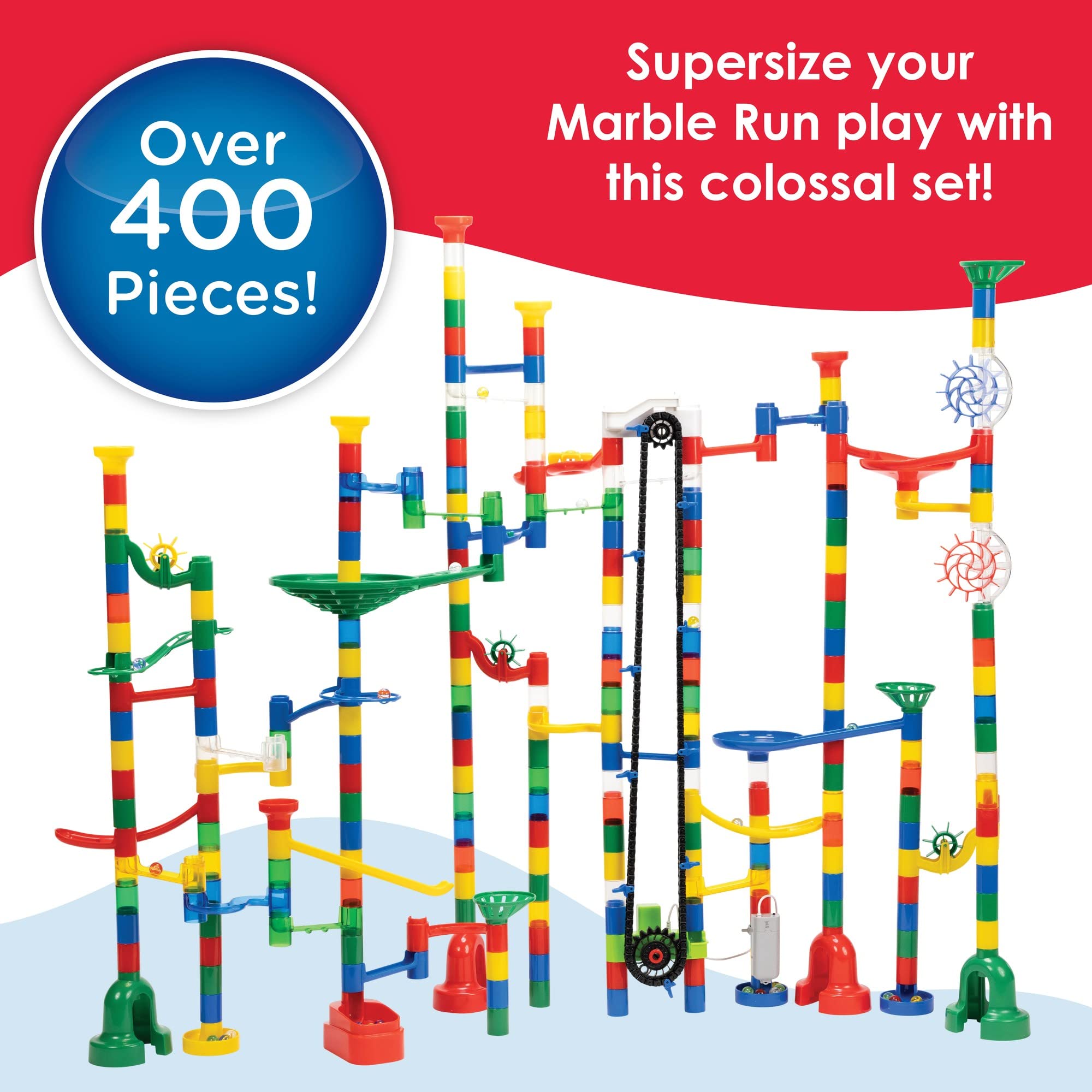 MindWare Colossal Elevator Marble Run – 400-Piece STEM Building Toy Set with Unique Tracks, 150 Tubes, 9 Funnels & 50 Marbles | Wheeled Storage Bin | Educational Marble Maze for Kids Ages 6+ | Perfect for Indoor Play, Birthday Gifts & Classroom STEM Activities