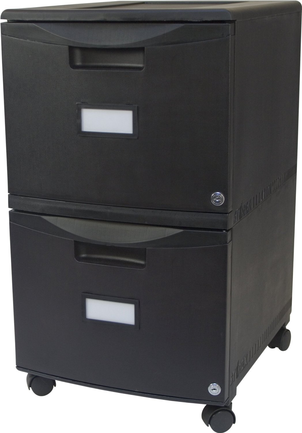 Storex 2-Drawer Mobile File Cabinet with Lock & Casters - Black Plastic Document Organizer for Office & Home Storage - Ideal for Files, Folders & Office Supplies (1-Pack, 61312U01C)