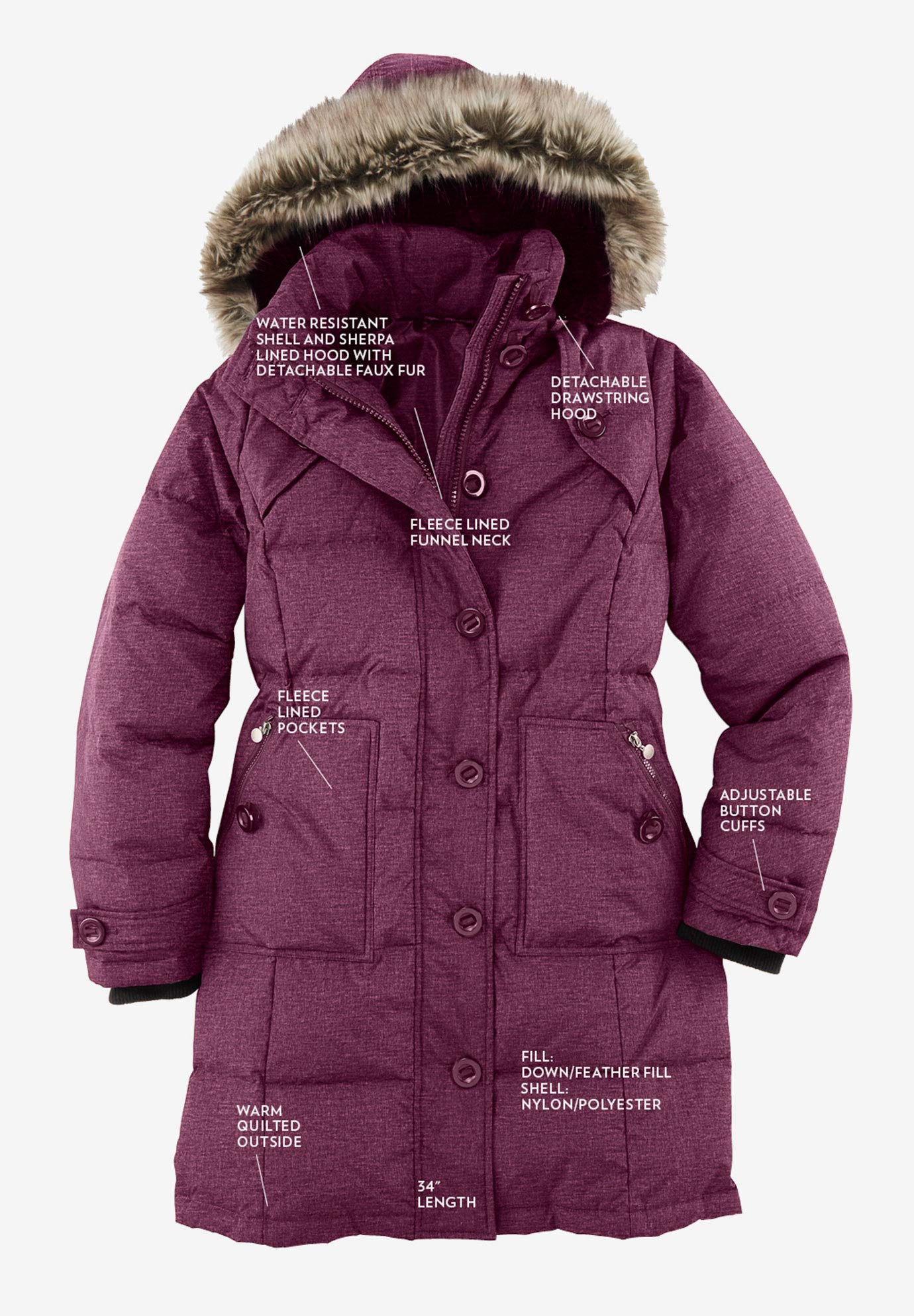 Woman Within Women's Plus Size Heathered Down Puffer Coat - Warm Winter Jacket for Cold Weather, Outdoor Activities & Casual Wear