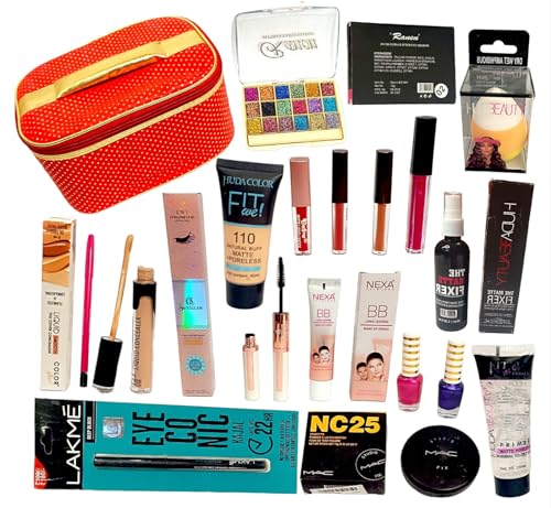 Complete Makeup Kit with Vanity Bag, Eye Palette, Blender Sponge, 4 Lipsticks, Makeup Setting Spray, Fit Me Foundation, Concealer, Lip Liner, BB Cream, 2 Nail Polishes, Eye Kajal, Compact Powder & 2-in-1 Liner Mascara - Perfect for Travel, Bridal & Professional Makeup