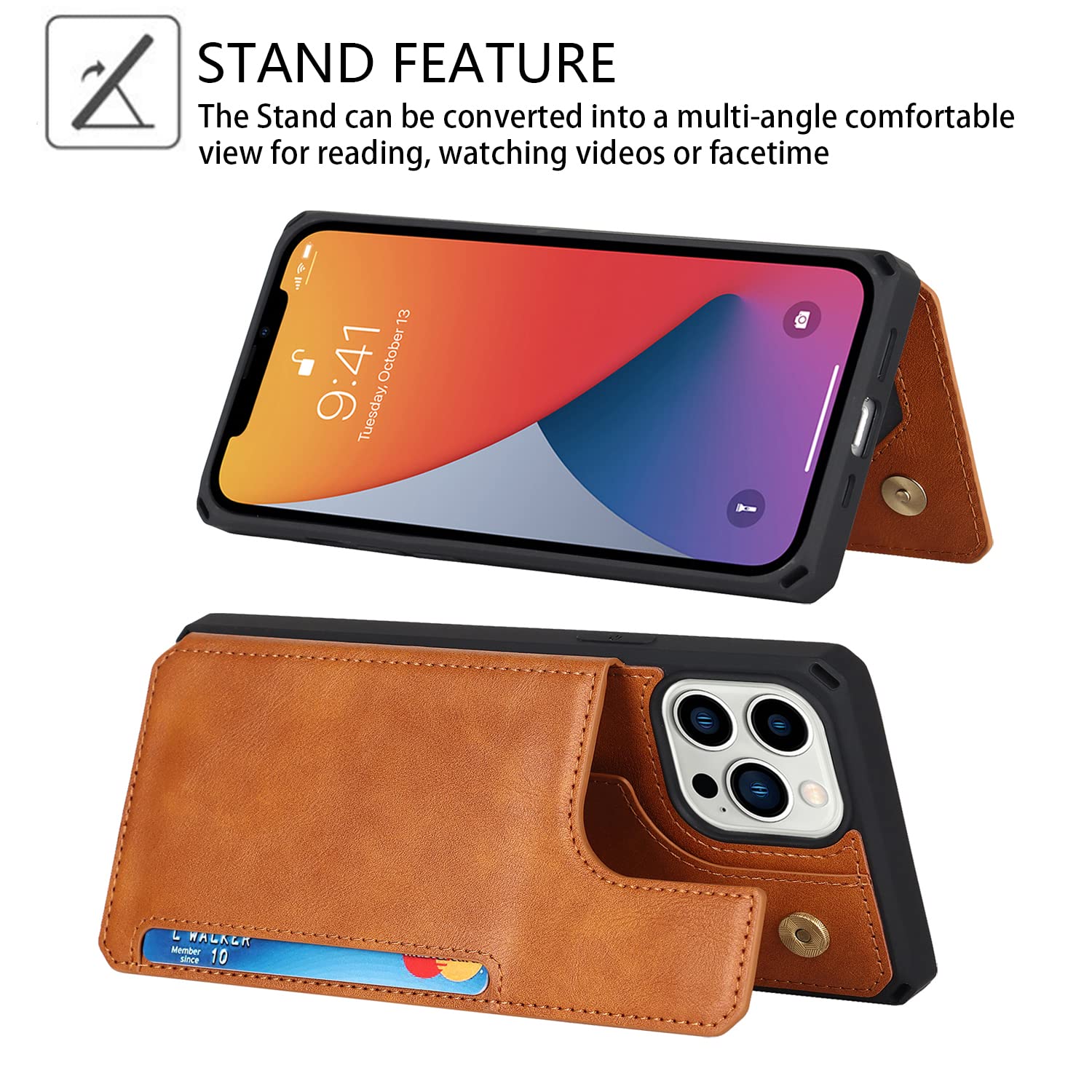 Premium Leather iPhone 13 Pro Max Wallet Case with Card Holder & Stand - Shockproof Protective Phone Cover for Women & Men (Light Brown) - Perfect for Work, Travel & Everyday Use