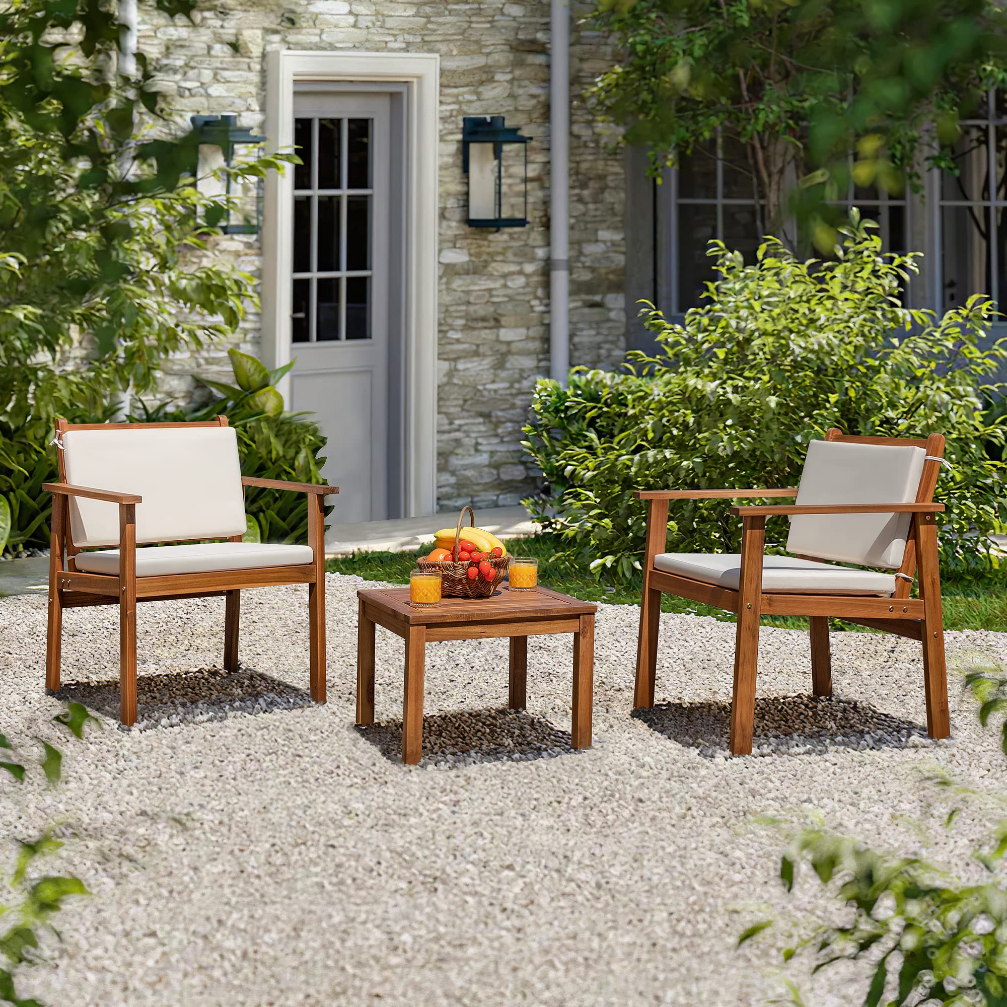 Devoko 3-Piece Acacia Wood Patio Furniture Set with Table & Cushions - Outdoor Conversation Seating for Porch, Balcony, Deck, Backyard - Beige - Perfect for Relaxing, Entertaining & Outdoor Dining