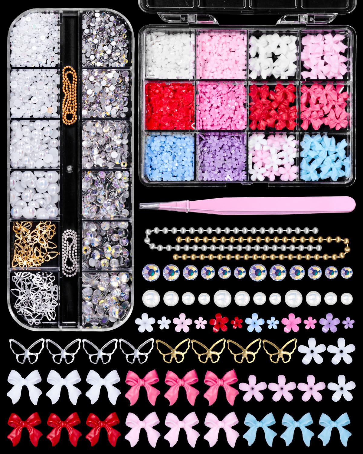 2 Boxes Flower Bow Nail Charms Set - Colorful Floral Nail Bows, Half Round Pearl Flatback AB Nail Gems for DIY Acrylic Nail Art | Perfect for Nail Salon, Home Manicure & Party Nail Designs