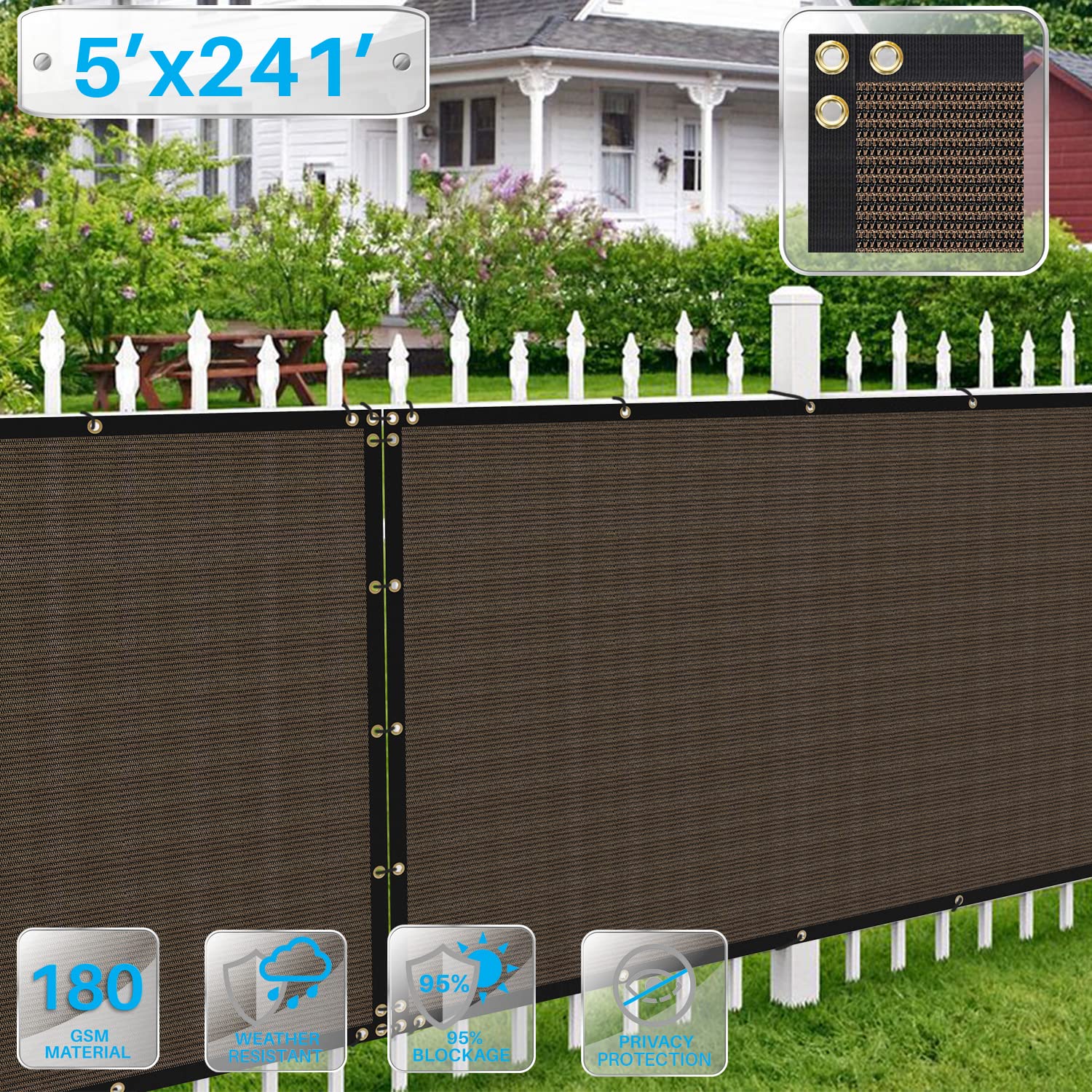 5'x241' Brown Privacy Screen Fence - 180 GSM UV Block Mesh with Brass Grommets for Garden & Backyard Protection